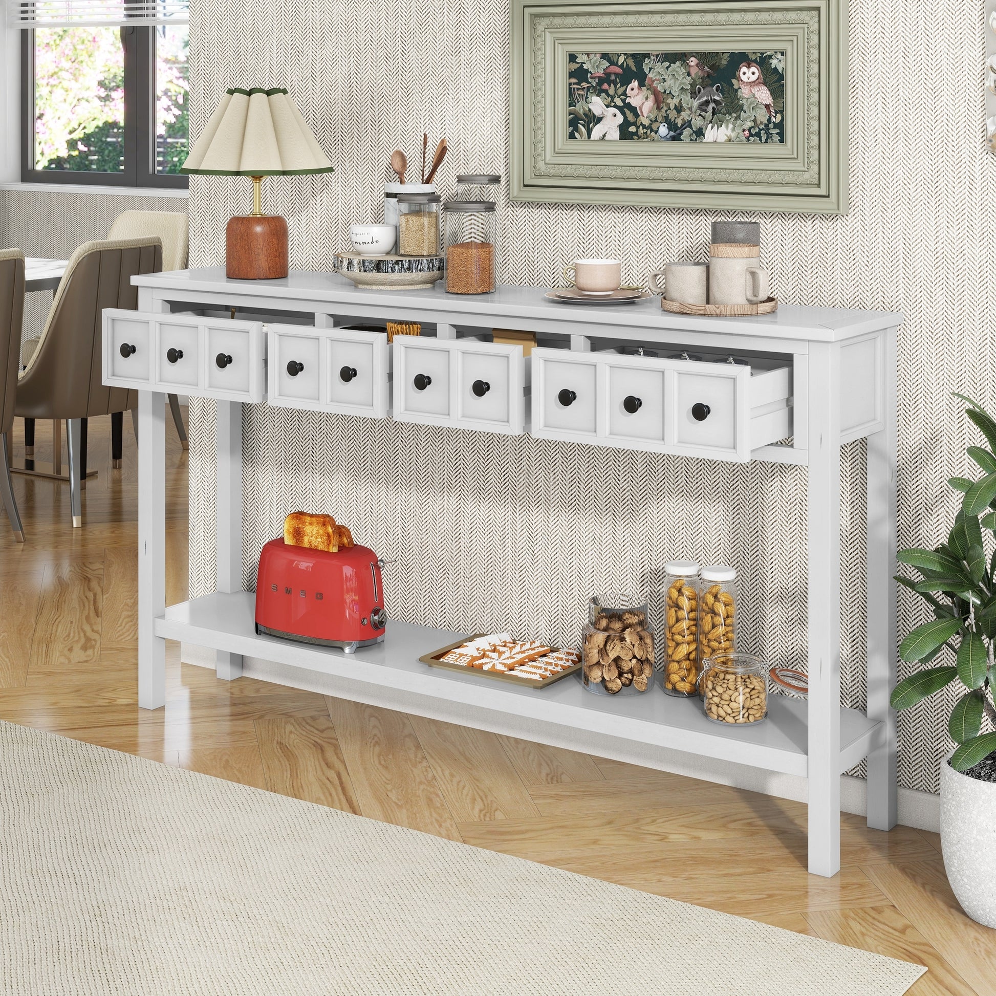 Rustic Entryway Console Table, 60" Long Sofa Table With Two Different Size Drawers And Bottom Shelf For Storage Antique White Antique White Solid Wood