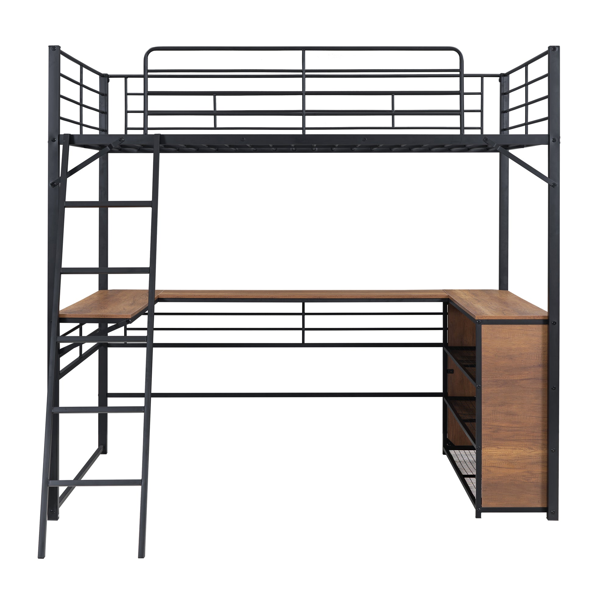 Full Size Metal Loft Bed With 3 Layers Of Shelves And L Shaped Desk, Black Black Metal