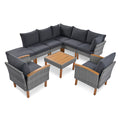 9 Piece Patio Rattan Furniture Set, Outdoor Conversation Set With Acacia Wood Legs And Tabletop, Pe Rattan Sectional Sofa Set With Coffee Table, Washable Cushion, Gray Yes Gray Weather Resistant Frame Garden & Outdoor Complete Patio Sets Foam Wicker