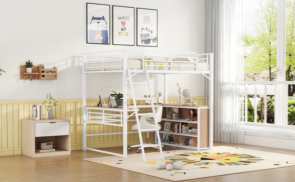 Full Size Metal Loft Bed With 3 Layers Of Shelves And L Shaped Desk, White White Metal