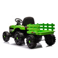 Ride On Tractor2.0 With Trailer,24V Battery Powered Electric Tractor Toy, 200W*2Motor 1.86 4.97Mph Remote Control,Electric Car For Kids,Three Speed Adjustable,Usb,Mp3 ,Bluetooth,Led Light, Safety Belt Green Plastic