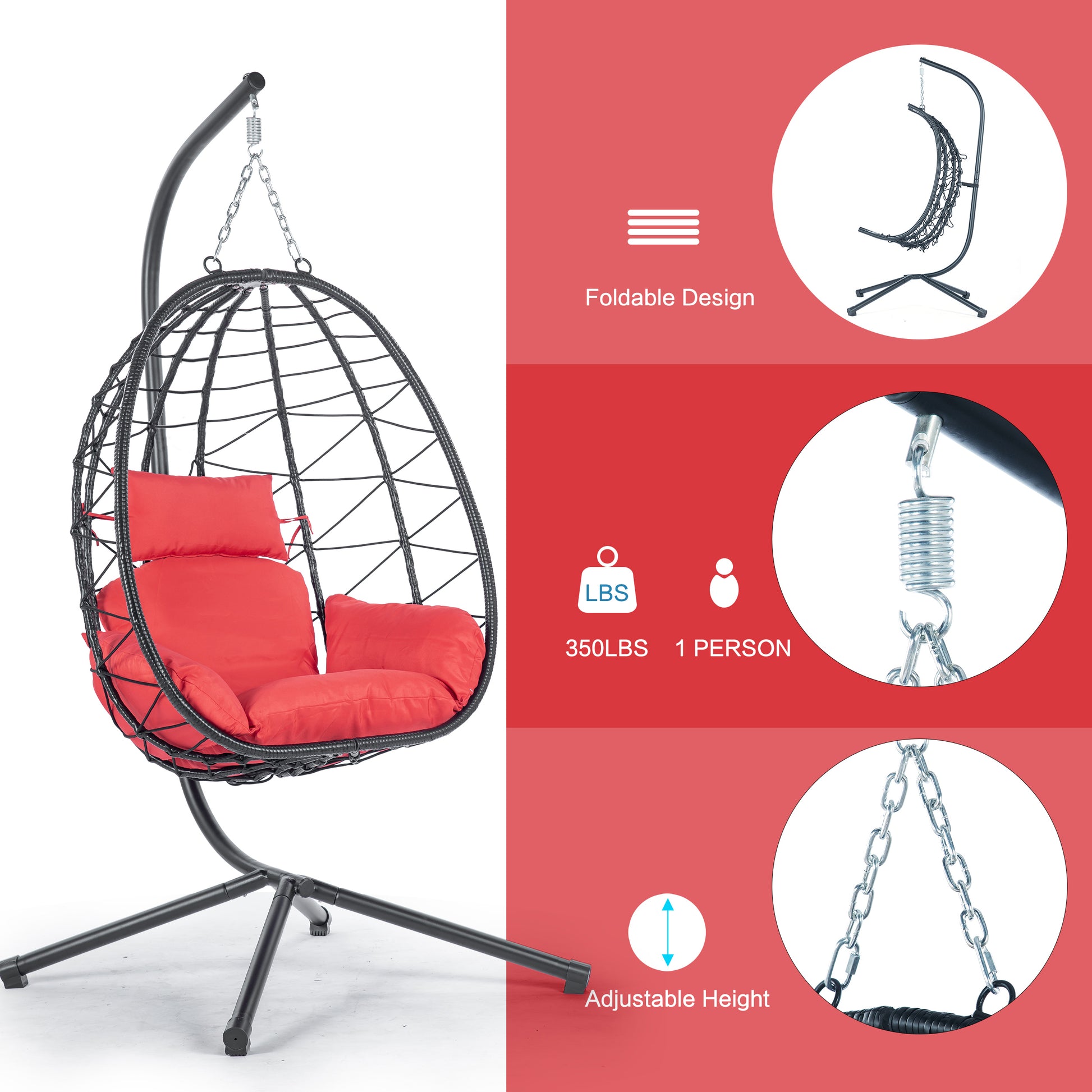 Egg Chair With Stand Indoor Outdoor Swing Chair Patio Wicker Hanging Egg Chair Hanging Basket Chair Hammock Chair With Stand For Bedroom Living Room Balcony Yes Sectional Red Water Resistant Frame Water Resistant Cushion Garden & Outdoor American Design