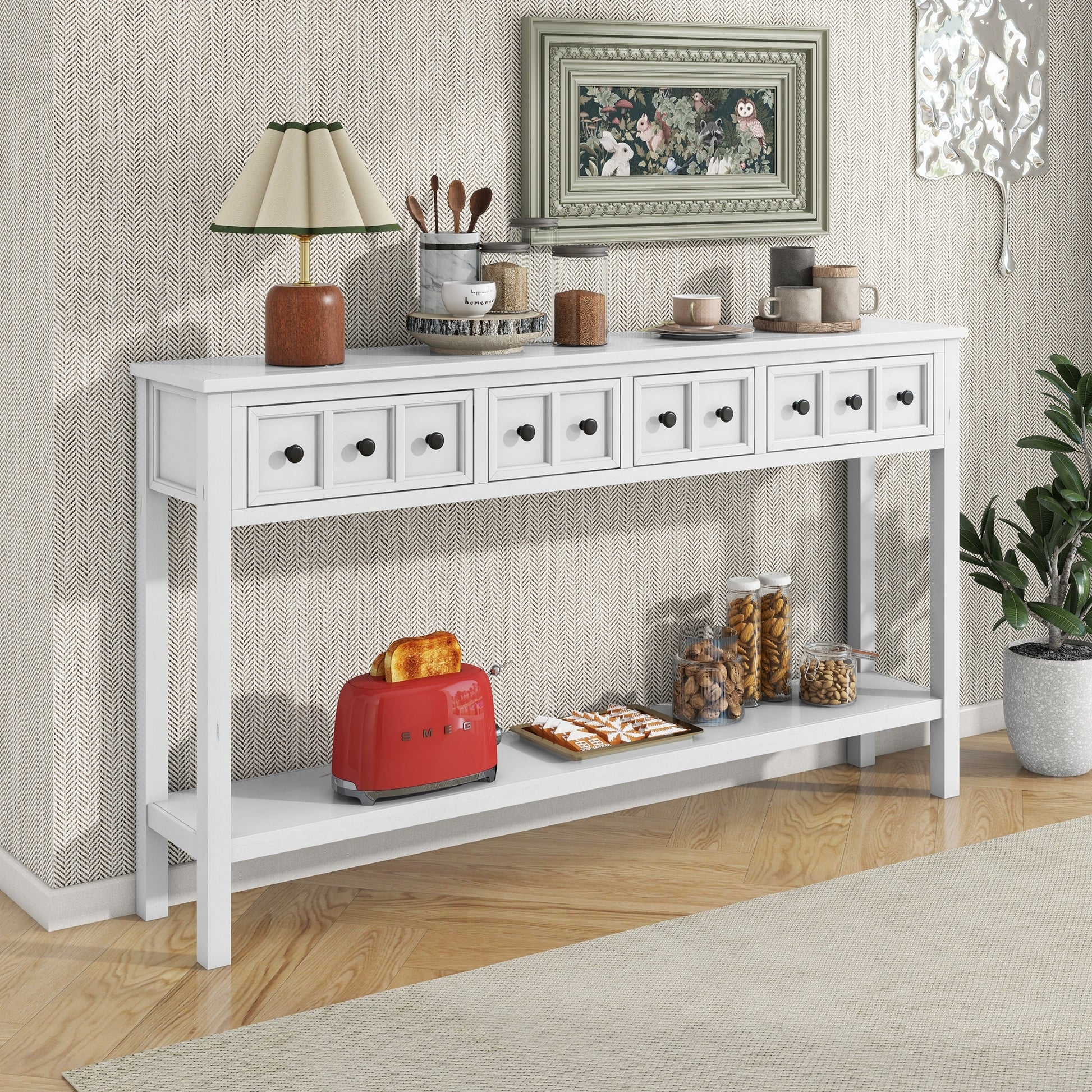 Rustic Entryway Console Table, 60" Long Sofa Table With Two Different Size Drawers And Bottom Shelf For Storage Antique White Antique White Solid Wood