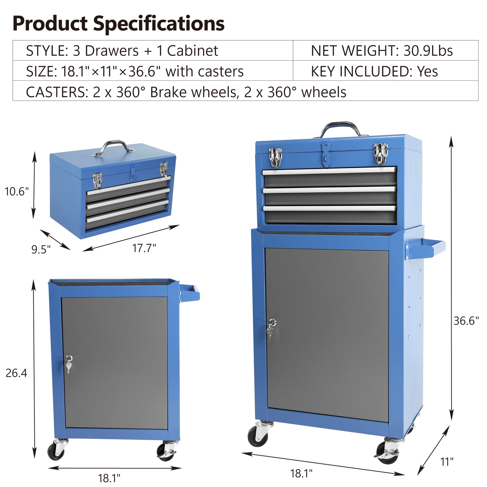 Rolling Garage Workshop Tool Organizer: Detachable 3 Drawer Tool Chest With Large Storage Cabinet And Adjustable Shelf Blue Steel