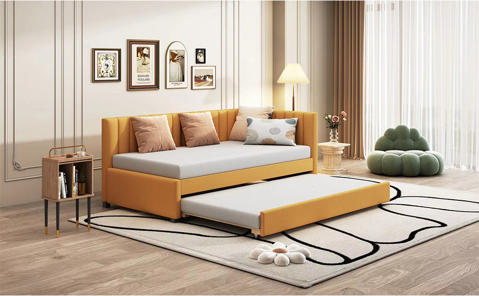 Upholstered Daybed With Trundle Twin Size Sofa Bed Frame No Box Spring Needed, Linen Fabric Yellow Yellow Linen