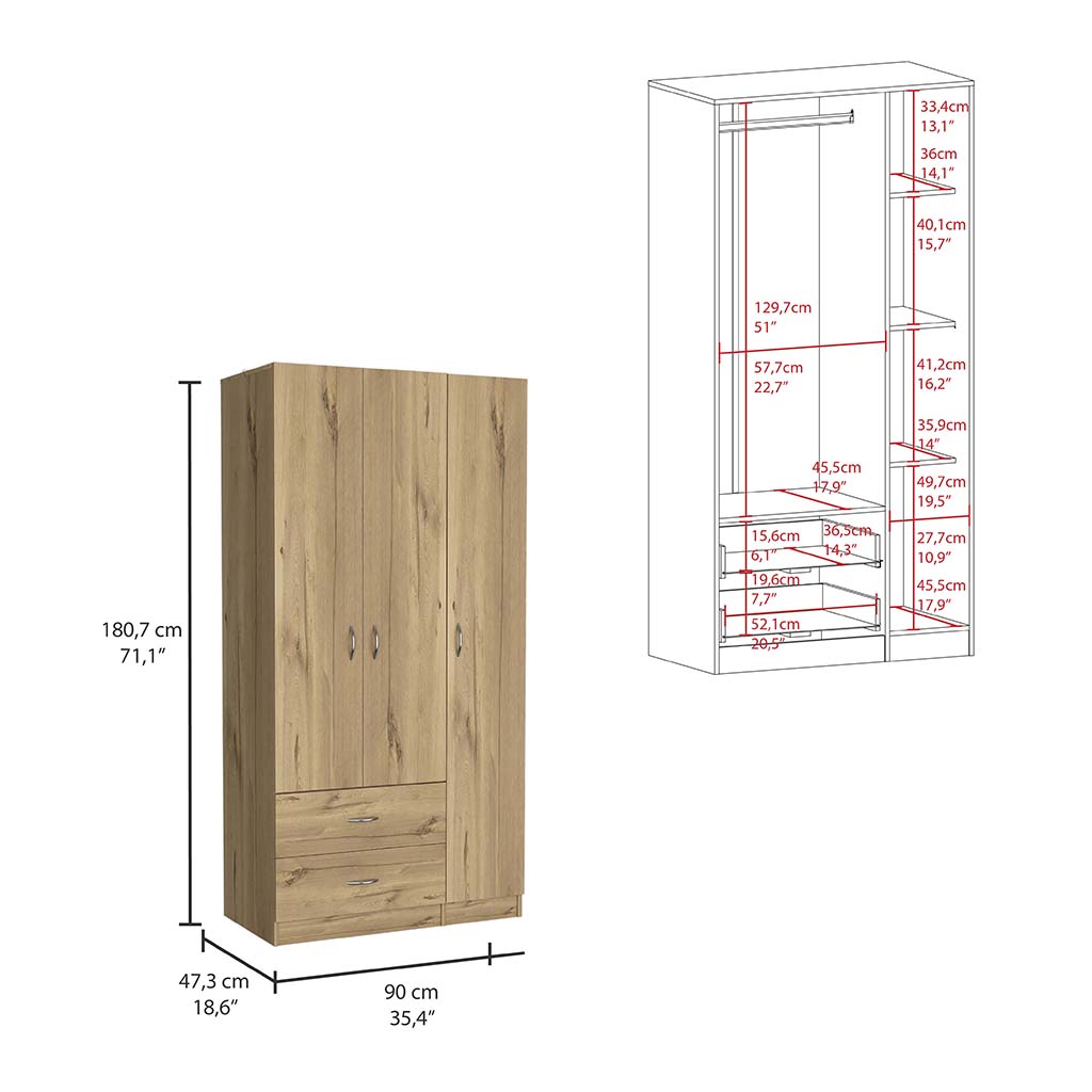 Three Door Armoire Clark, Bedroom, Light Oak Black Light Oak Particle Board Engineered Wood