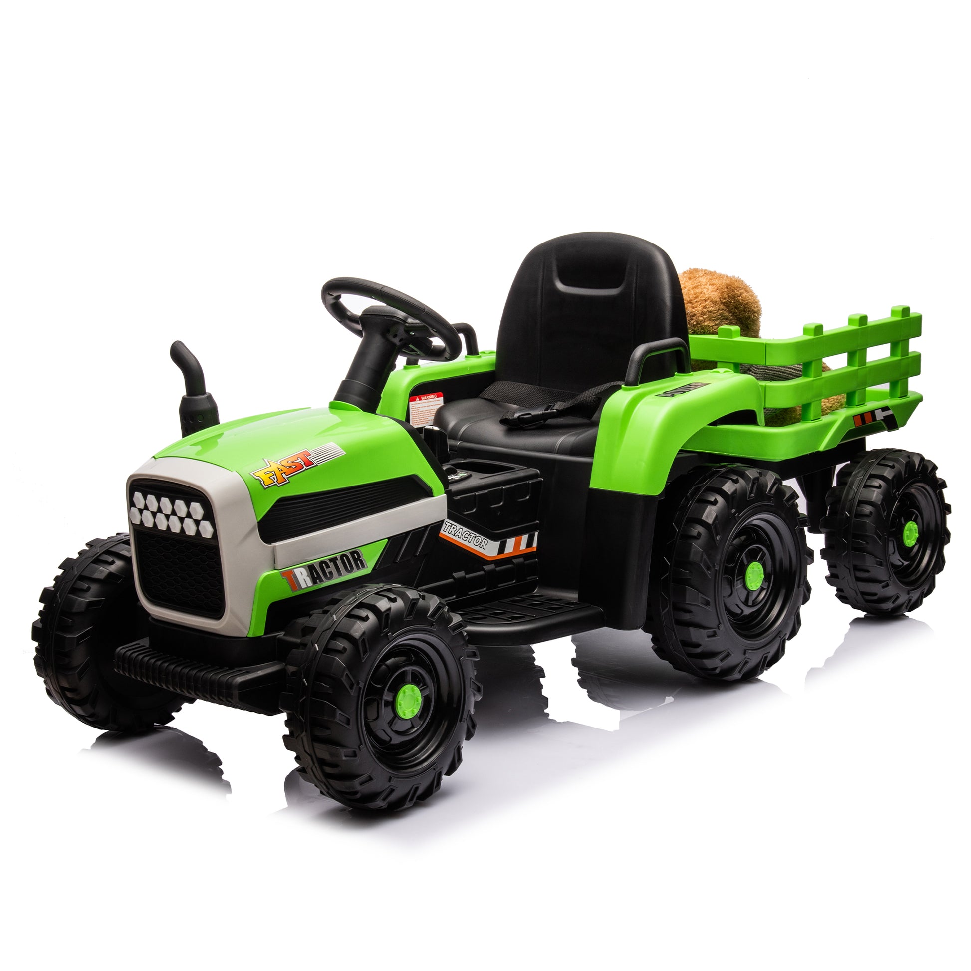 Ride On Tractor2.0 With Trailer,24V Battery Powered Electric Tractor Toy, 200W*2Motor 1.86 4.97Mph Remote Control,Electric Car For Kids,Three Speed Adjustable,Usb,Mp3 ,Bluetooth,Led Light, Safety Belt Green Plastic