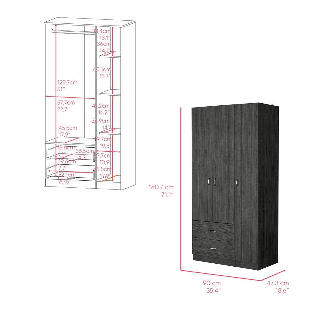 Three Door Armoire Clark, Bedroom, Smokey Oak White Multicolor Particle Board Engineered Wood