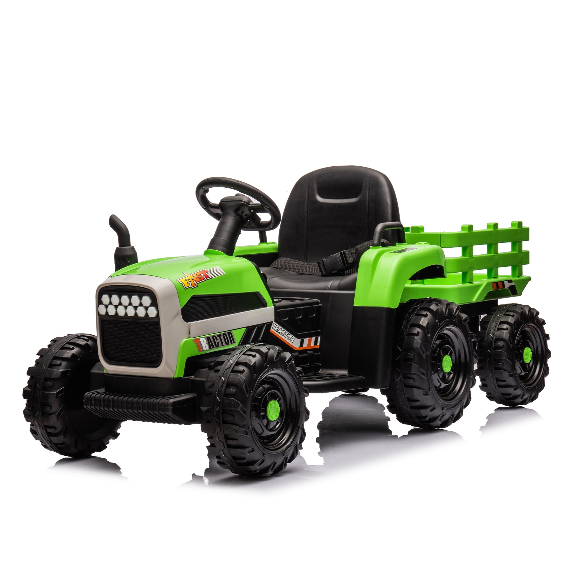 Ride On Tractor2.0 With Trailer,24V Battery Powered Electric Tractor Toy, 200W*2Motor 1.86 4.97Mph Remote Control,Electric Car For Kids,Three Speed Adjustable,Usb,Mp3 ,Bluetooth,Led Light, Safety Belt Green Plastic