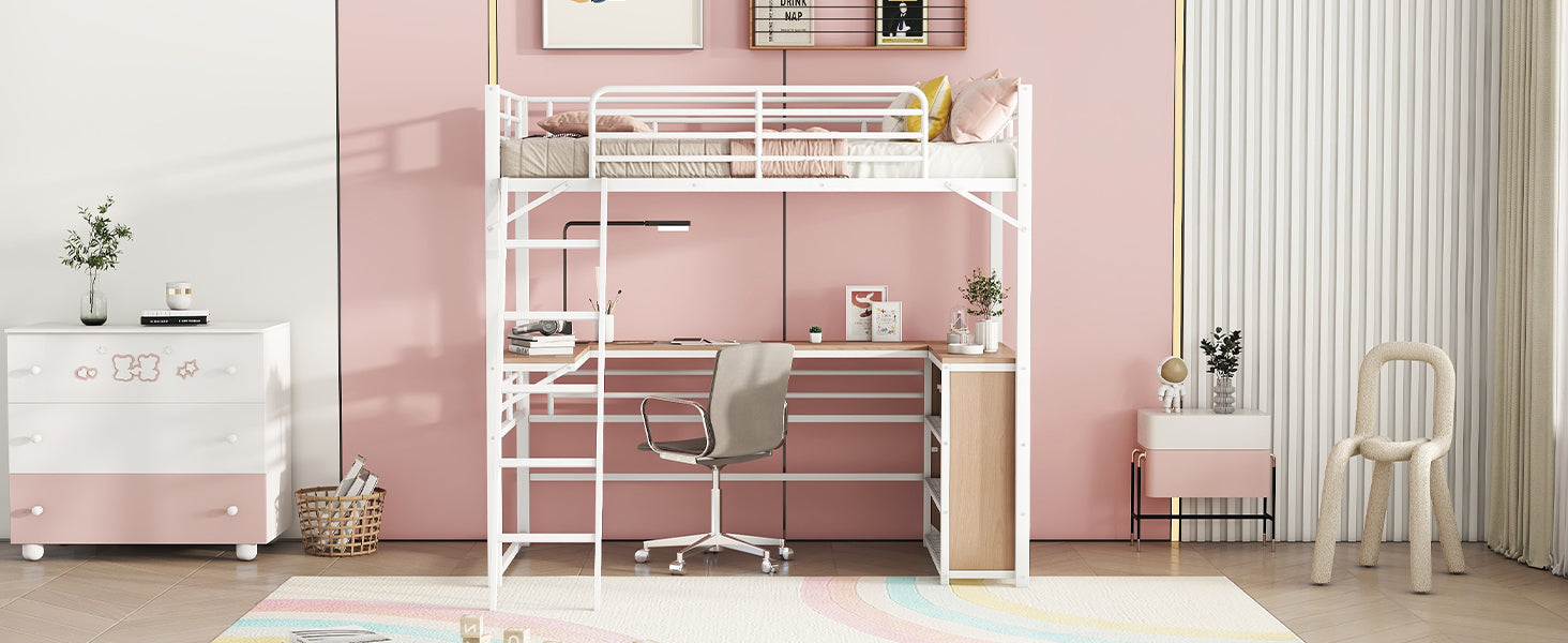 Twin Size Metal Loft Bed With 3 Layers Of Shelves And L Shaped Desk, White White Metal