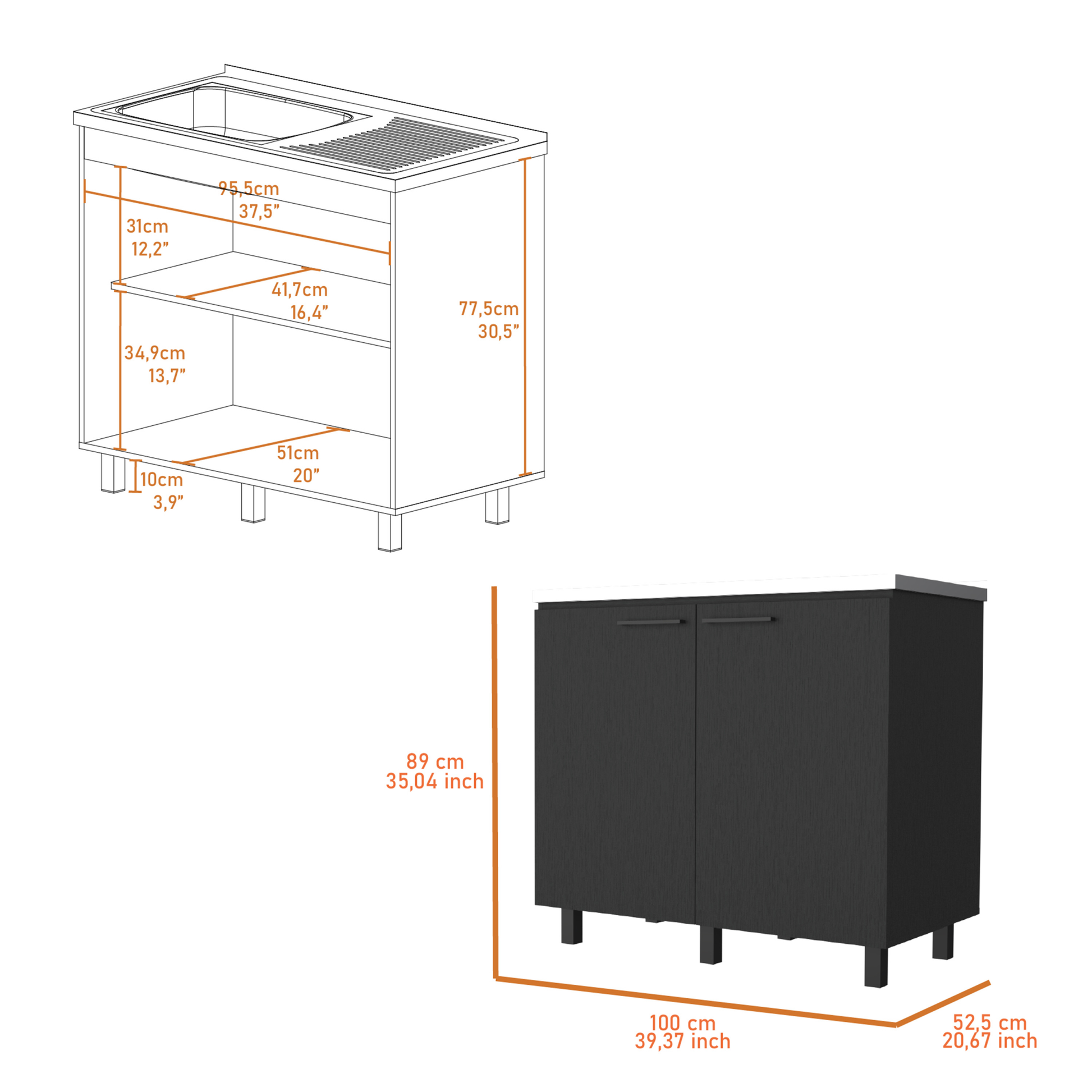 Alexandria 2 Piece Kitchen Set, Wall Cabinet Utility Sink, Black Black Particle Board Engineered Wood