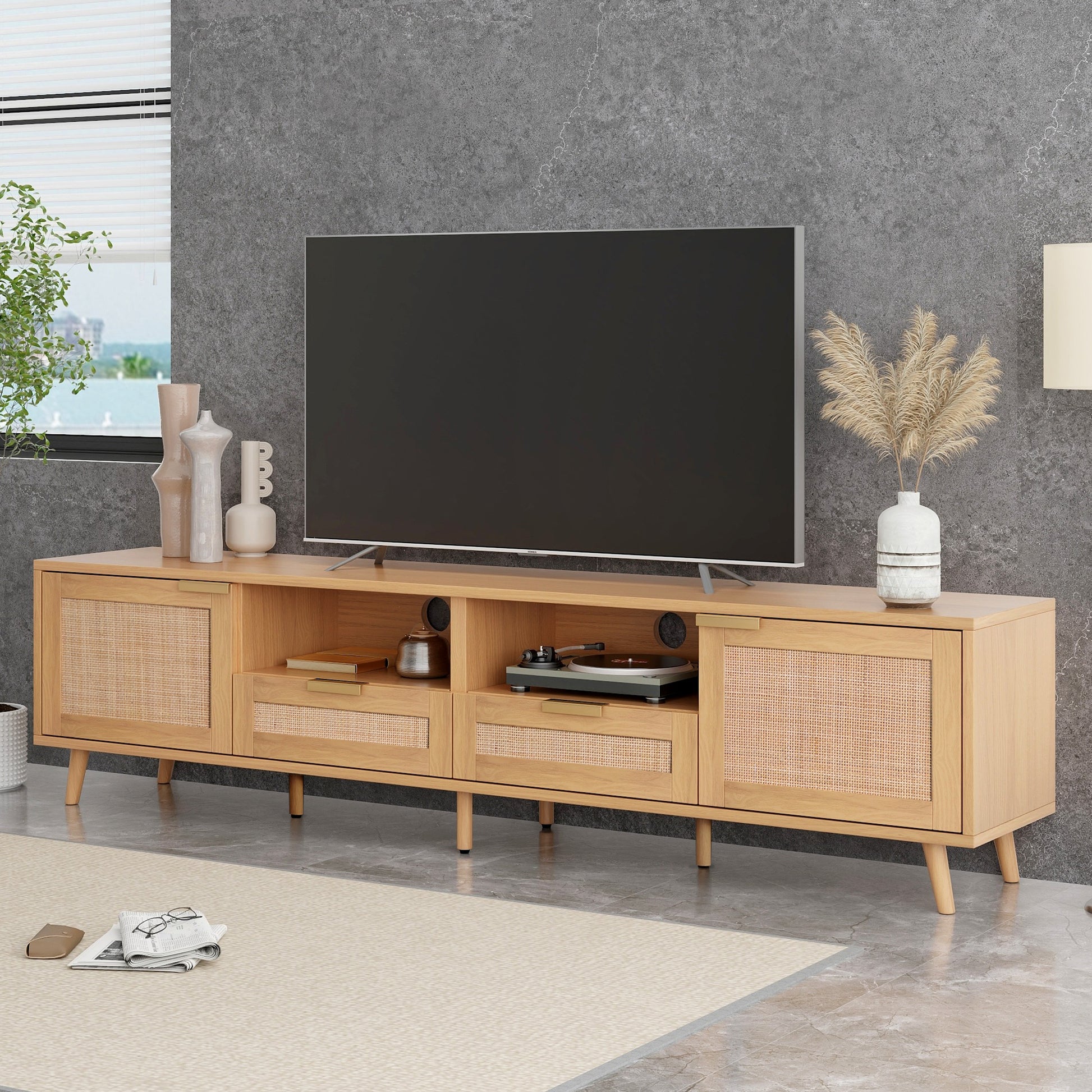 Rattan Tv Stand For Tvs Up To 85'', Modern Farmhouse Media Console, Entertainment Center With Solid Wood Legs, Tv Cabinet For Living Room,Home Theatre Wood Primary Living Space 70 79 Inches 70 79