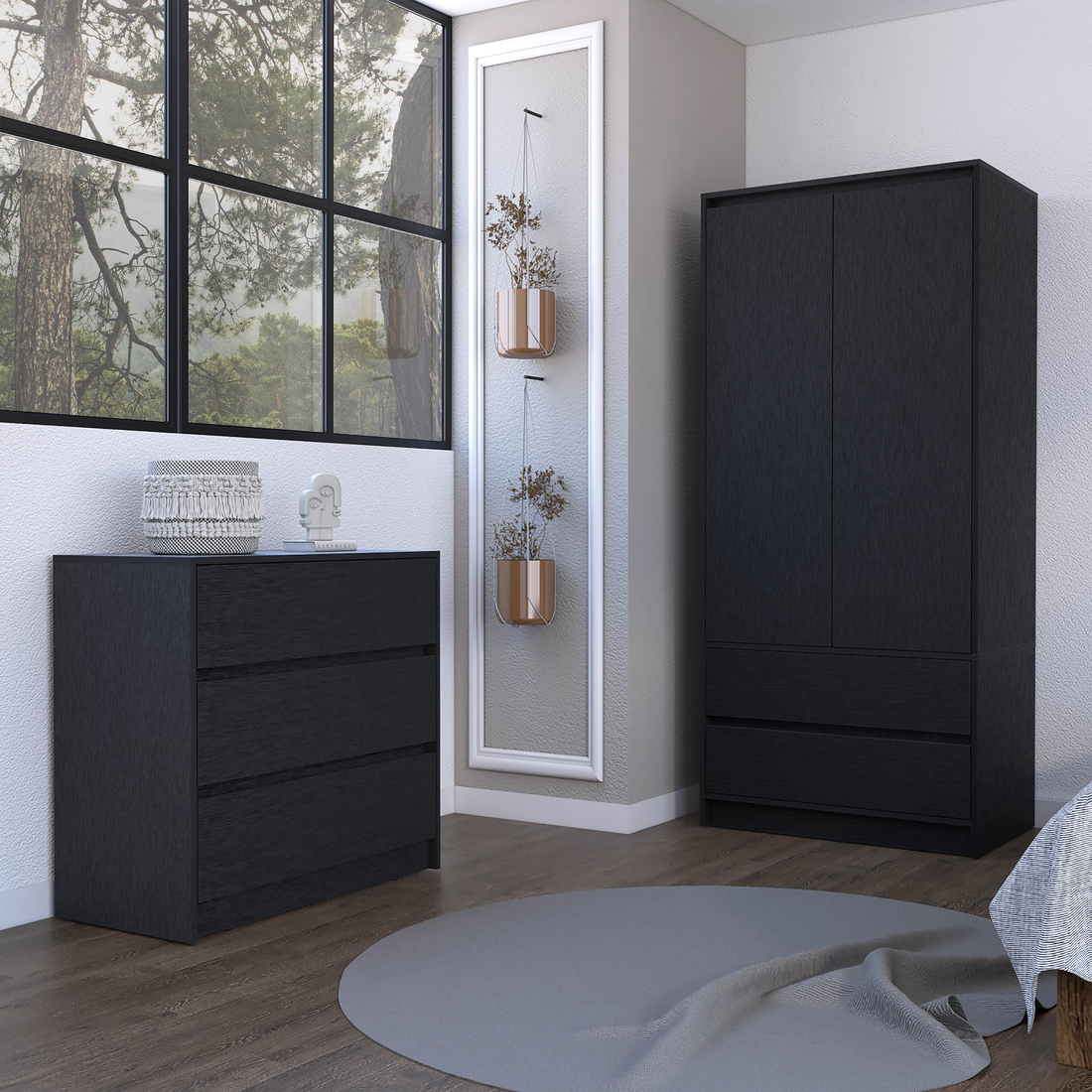 Lewes 2 Piece Bedroom Set, Dresser Armoire, Black Black Particle Board Engineered Wood