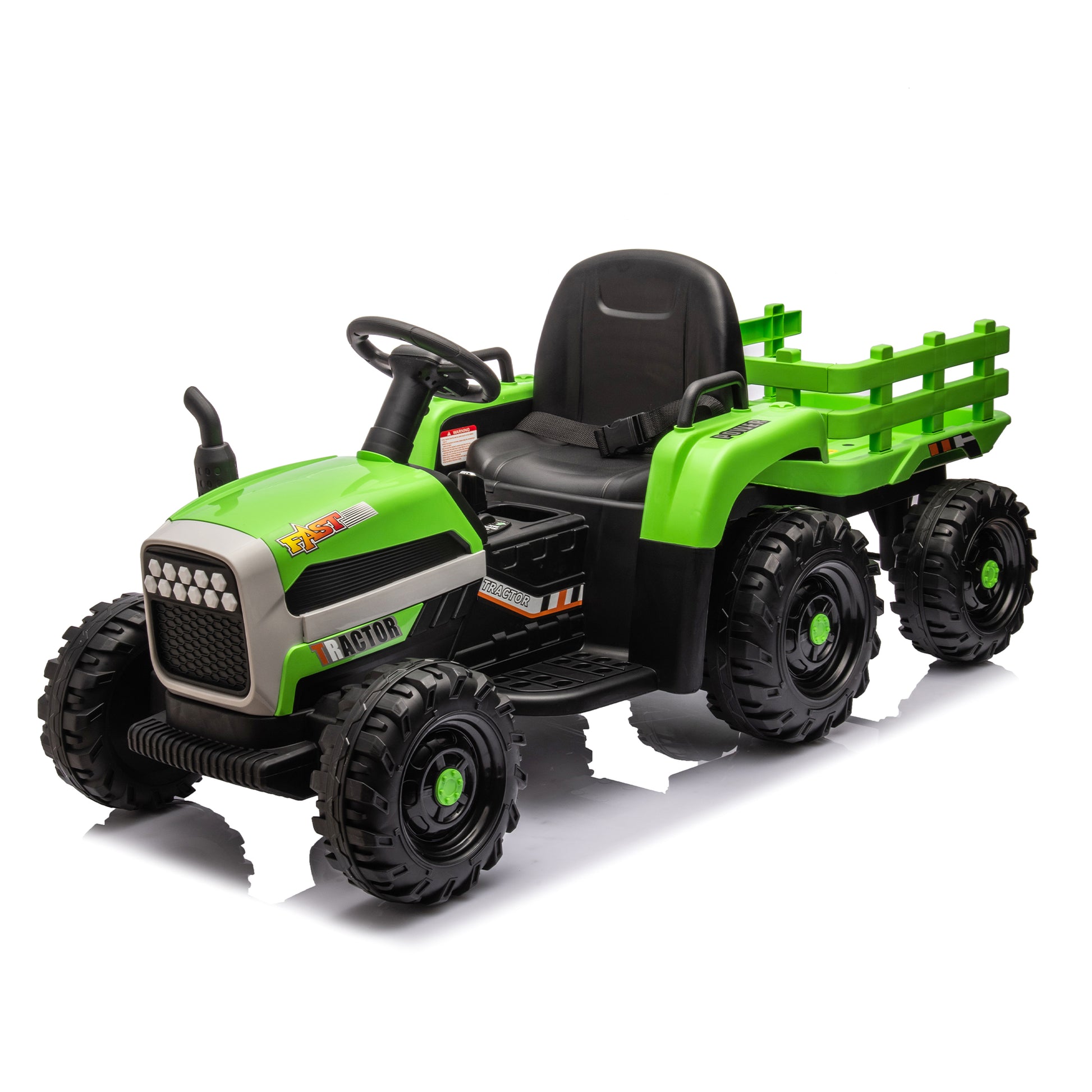 Ride On Tractor2.0 With Trailer,24V Battery Powered Electric Tractor Toy, 200W*2Motor 1.86 4.97Mph Remote Control,Electric Car For Kids,Three Speed Adjustable,Usb,Mp3 ,Bluetooth,Led Light, Safety Belt Green Plastic