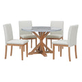 5 Piece Farmhouse Style Dining Table Set, Marble Sticker And Cross Bracket Pedestal Dining Table, And 4 Upholstered Chairs White Walnut Upholstered Chair Wood White Walnut Seats 4 Wood Dining Room