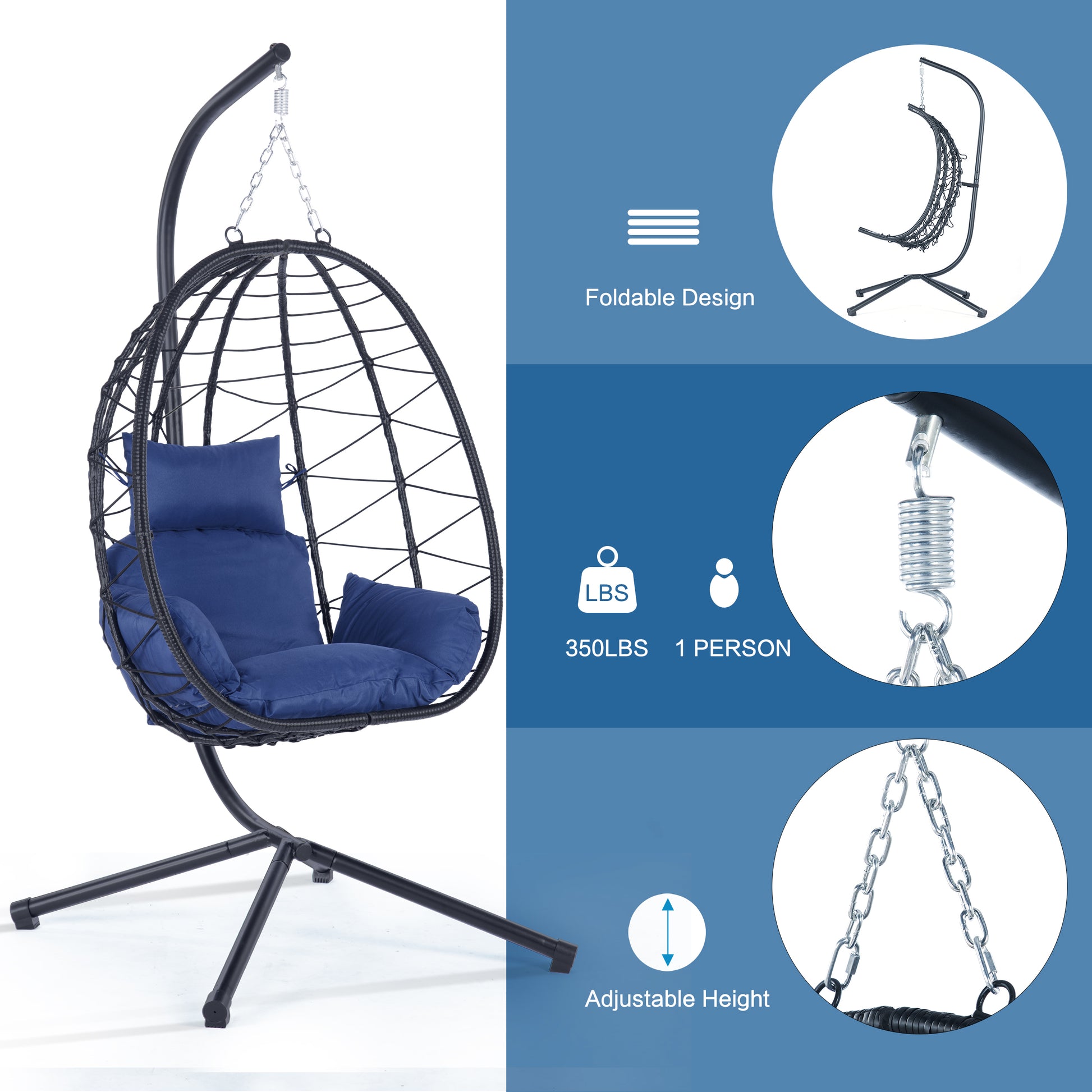 Egg Chair With Stand Indoor Outdoor Swing Chair Patio Wicker Hanging Egg Chair Hanging Basket Chair Hammock Chair With Stand For Bedroom Living Room Balcony Yes Complete Patio Set Navy Blue Water