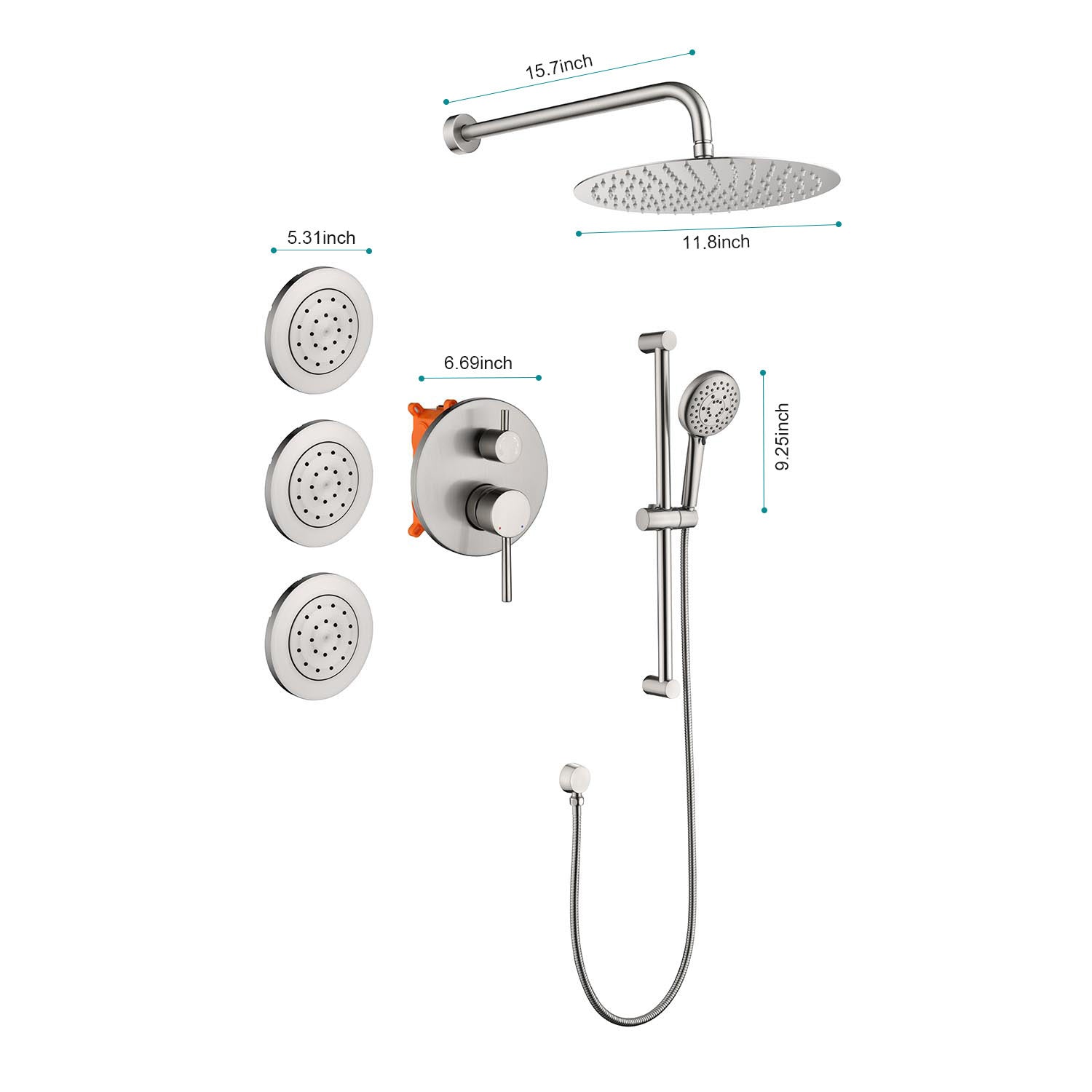 Shower System With Shower Head, Hand Shower, Slide Bar, Bodysprays, Shower Arm, Hose, Valve Trim, And Lever Handles Brushed Nickel Wall Mounted Bathroom Brass