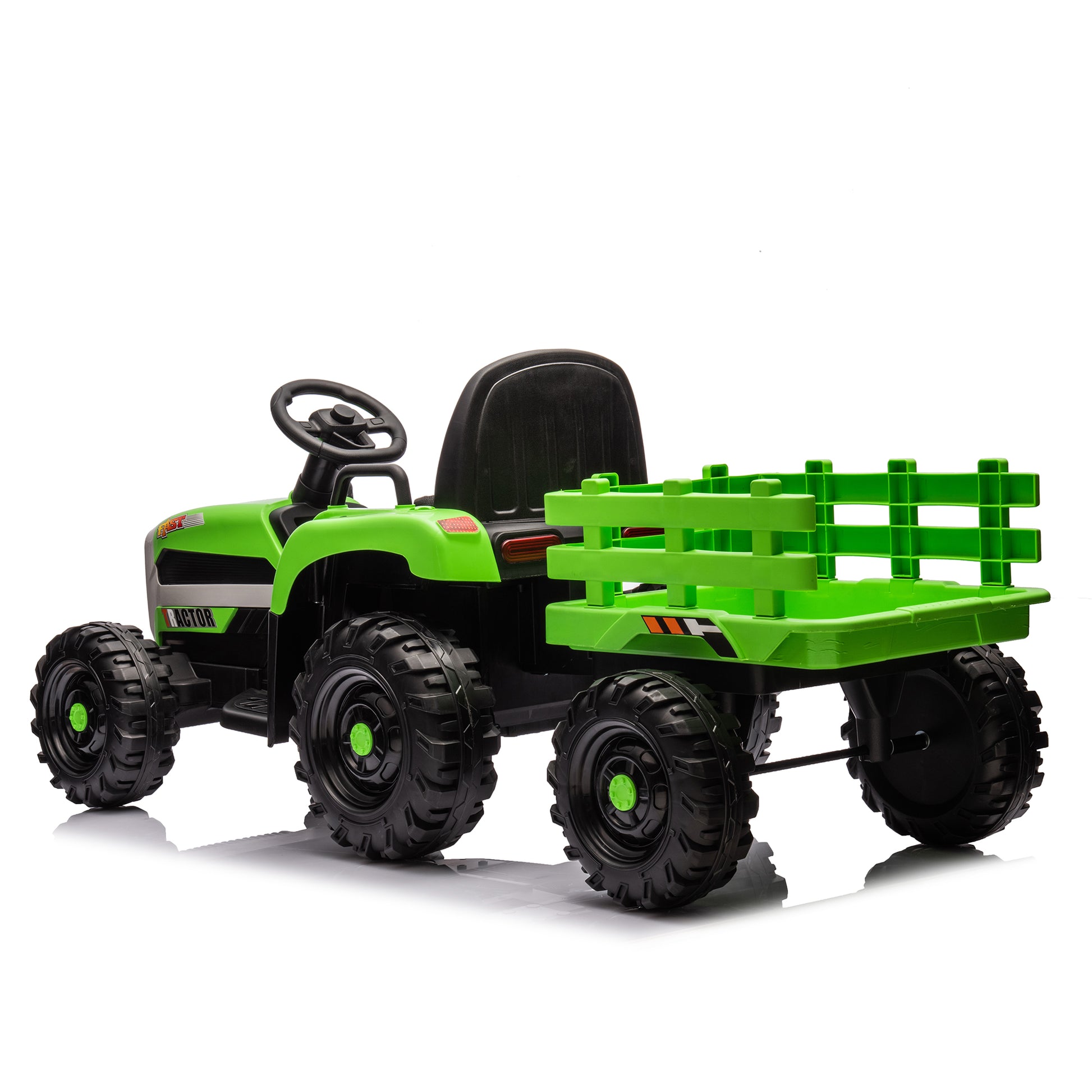 Ride On Tractor2.0 With Trailer,24V Battery Powered Electric Tractor Toy, 200W*2Motor 1.86 4.97Mph Remote Control,Electric Car For Kids,Three Speed Adjustable,Usb,Mp3 ,Bluetooth,Led Light, Safety Belt Green Plastic