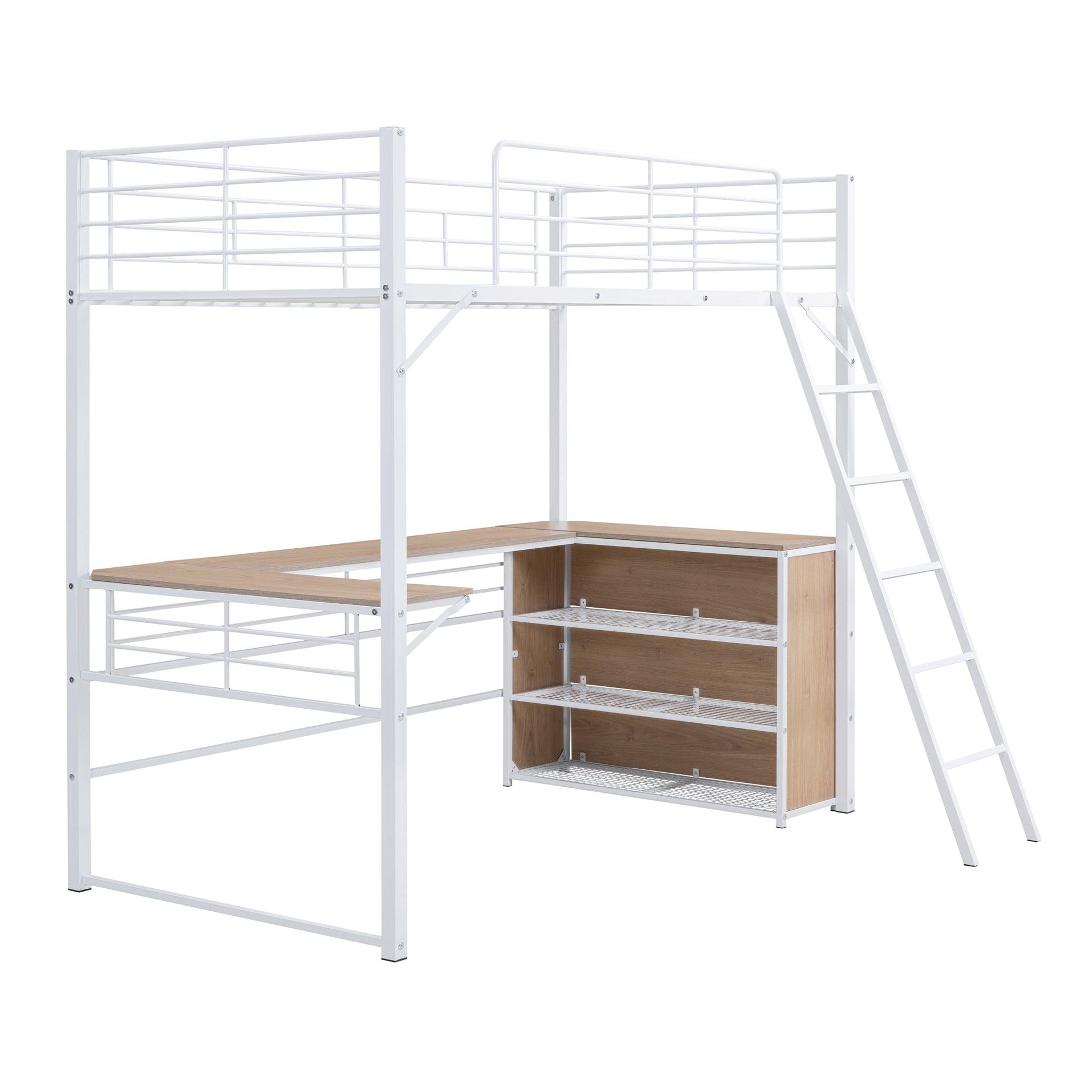 Twin Size Metal Loft Bed With 3 Layers Of Shelves And L Shaped Desk, White White Metal