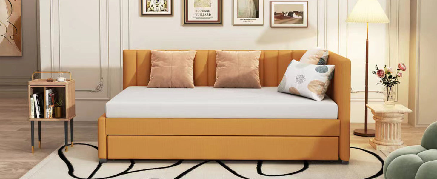 Upholstered Daybed With Trundle Twin Size Sofa Bed Frame No Box Spring Needed, Linen Fabric Yellow Yellow Linen