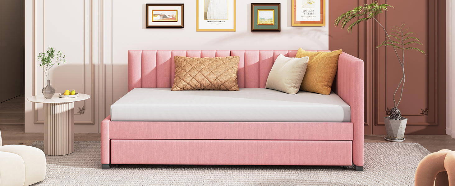 Upholstered Daybed With Trundle Twin Size Sofa Bed Frame No Box Spring Needed, Linen Fabric Pink Pink Linen