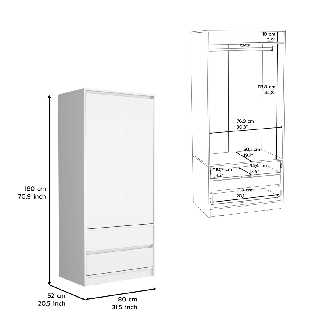 Lewes 2 Piece Bedroom Set, Dresser Armoire, White White Particle Board Engineered Wood