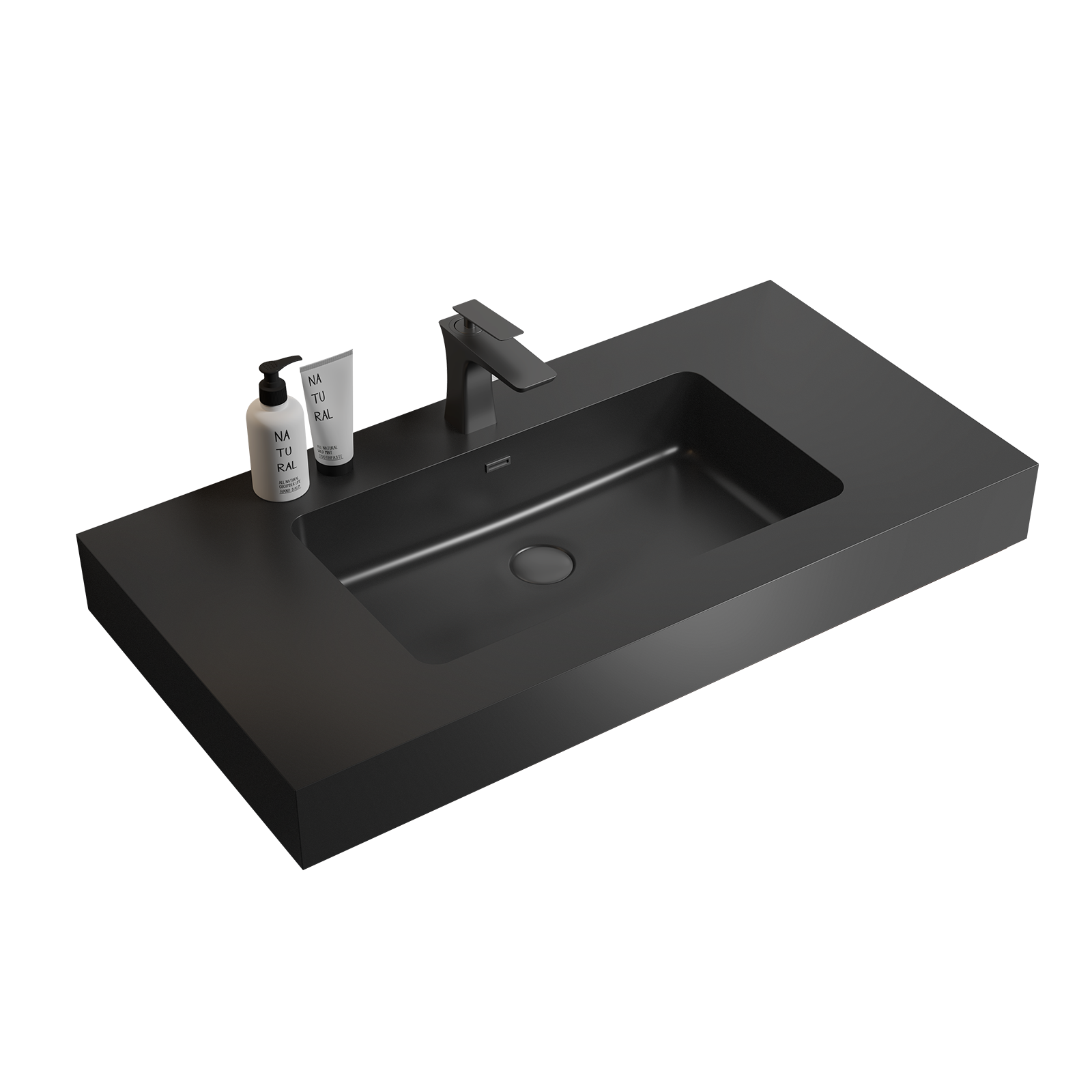 Bb02 36 109, Integrated Engineered Quartz Basin Without Drain And Faucet, Matte Black Color Matt Black Quartz