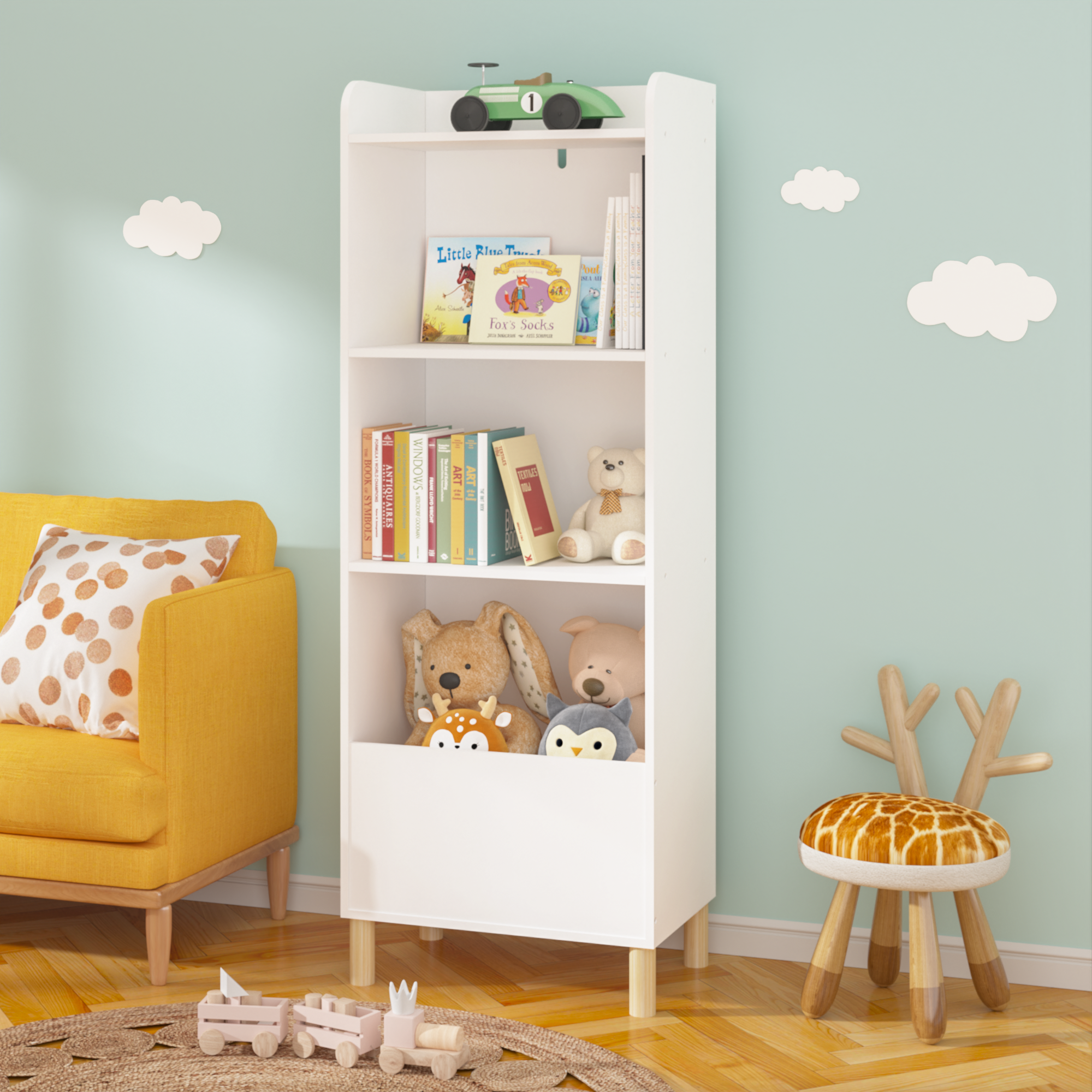 Kids 4 Tier Bookcase, Children's Book Display white-mdf