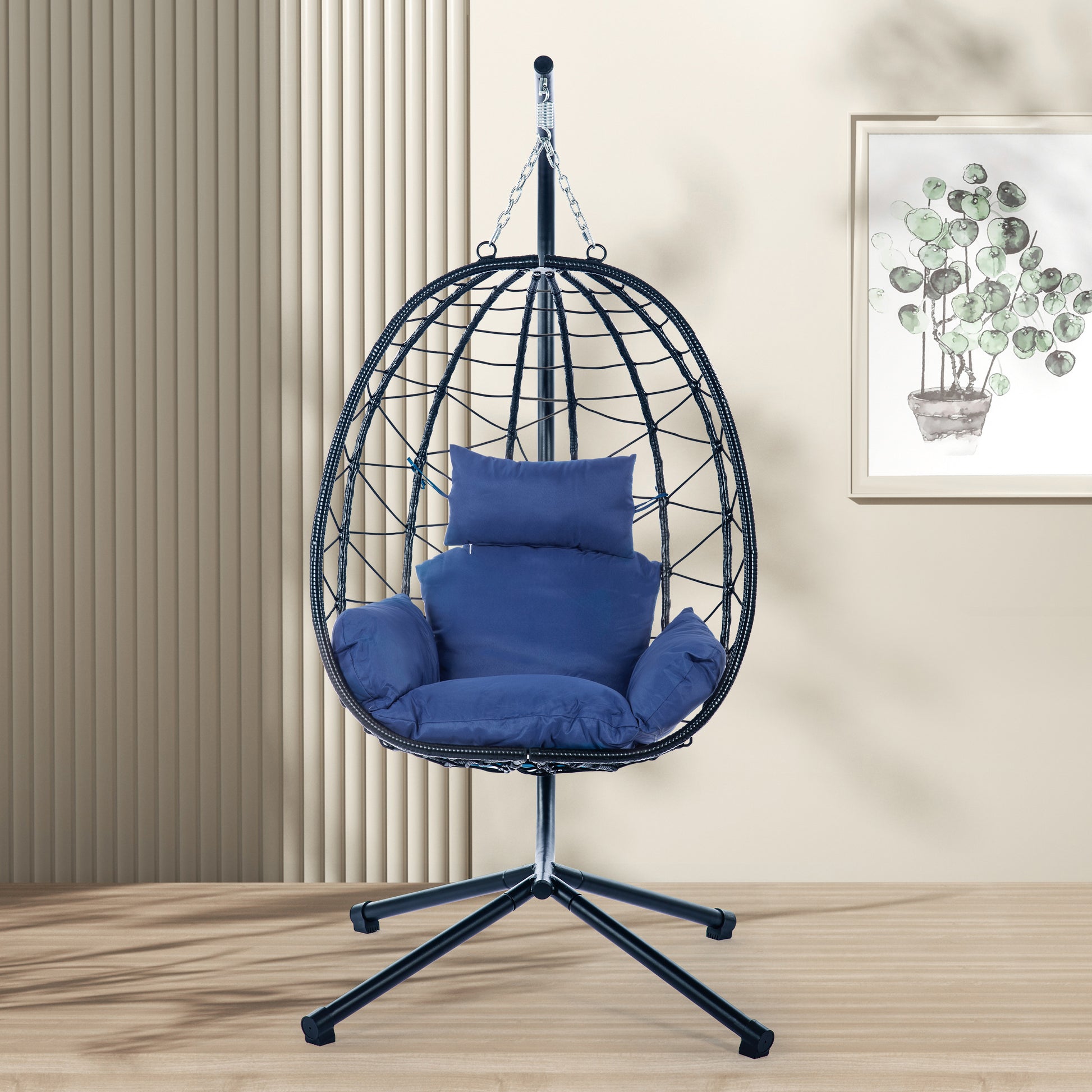 Egg Chair With Stand Indoor Outdoor Swing Chair Patio Wicker Hanging Egg Chair Hanging Basket Chair Hammock Chair With Stand For Bedroom Living Room Balcony Yes Complete Patio Set Navy Blue Water