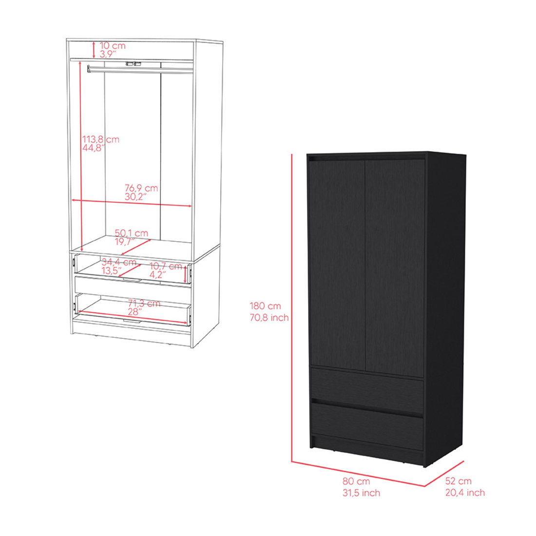 Lewes 2 Piece Bedroom Set, Dresser Armoire, Black Black Particle Board Engineered Wood