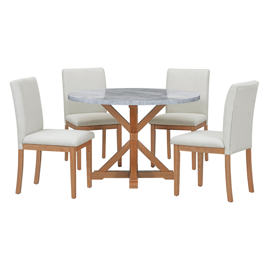 5 Piece Farmhouse Style Dining Table Set, Marble Sticker And Cross Bracket Pedestal Dining Table, And 4 Upholstered Chairs White Walnut Upholstered Chair Wood White Walnut Seats 4 Wood Dining Room