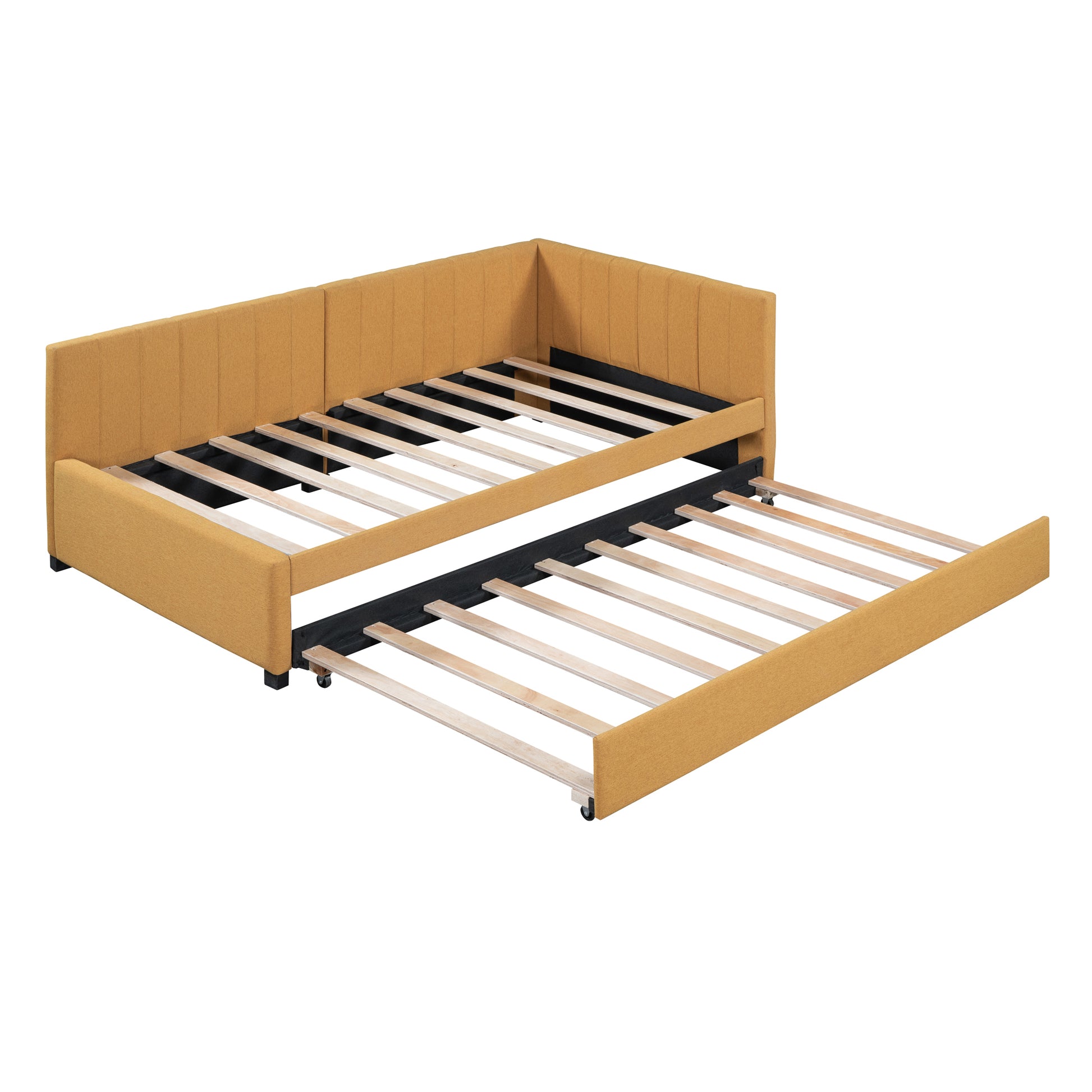 Upholstered Daybed With Trundle Twin Size Sofa Bed Frame No Box Spring Needed, Linen Fabric Yellow Yellow Linen