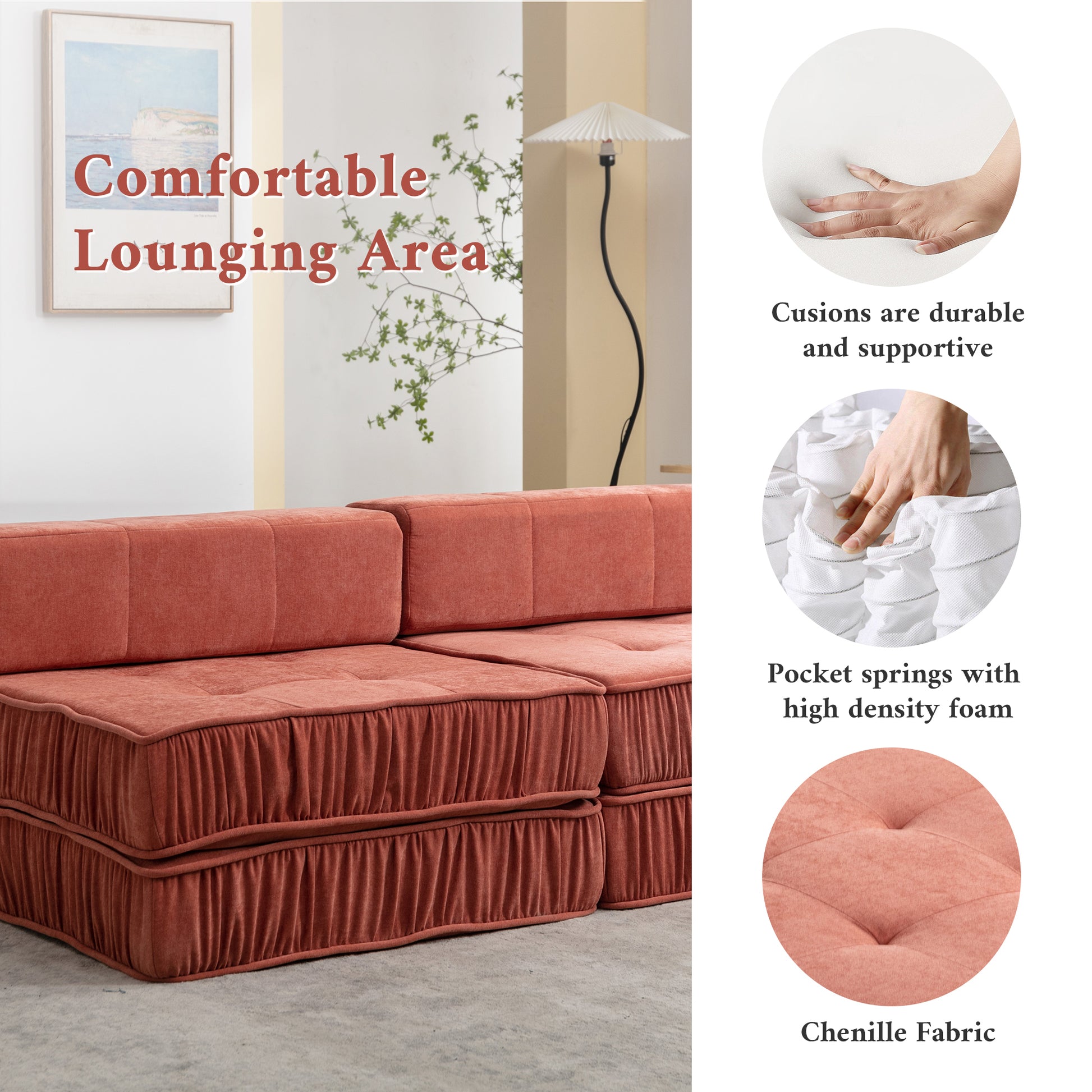 Folding Sofa Bed, Futon Sleeper Chair, Convertible Chair Floor Couch & Sleeping Mattress For Living Room, Guest Room, Home Office, Apartment, Small Space, Bed, Removable Back Cushion, Orange, 1 Seat Orange Chenille Primary Living Space Pillow Back Soft