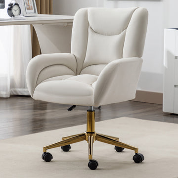 005 Velvet Fabric 360 Swivel Home Office Chair With Gold Metal Base And Universal Wheels,Ivory Solid Ivory Office Sponge Wipe Clean Modern Office Chairs Tufted Back Foam Swivel Velvet