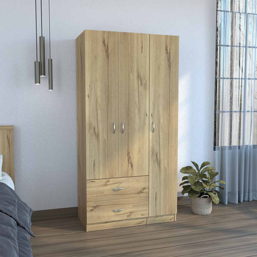 Three Door Armoire Clark, Bedroom, Light Oak Black Light Oak Particle Board Engineered Wood