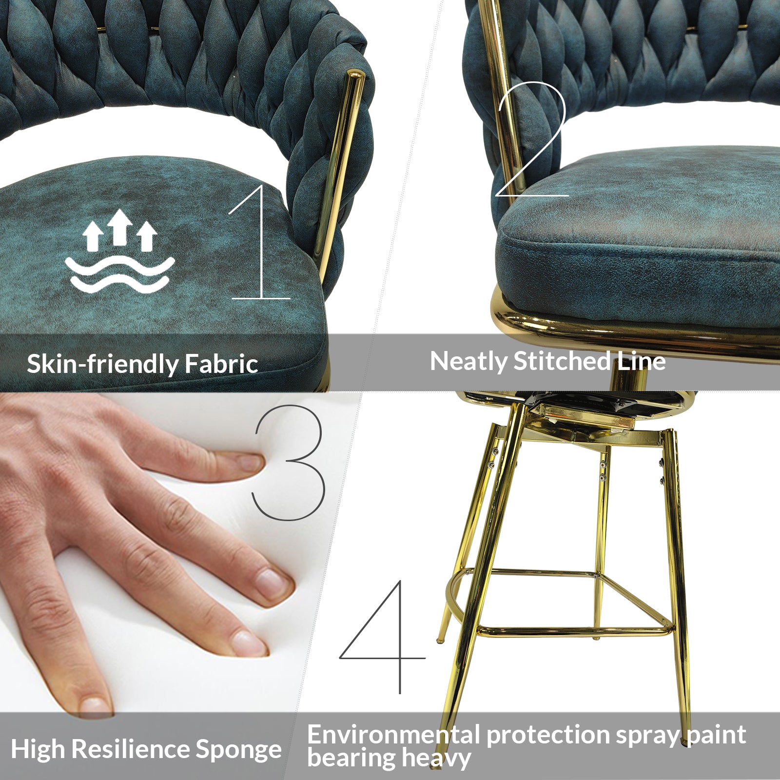 Bar Chair Suede Woven Bar Stool Set Of 4,Golden Legs Barstools No Adjustable Kitchen Island Chairs,360 Swivel Bar Stools Upholstered Bar Chair Counter Stool Arm Chairs With Back Footrest, Blue Metal Blue Kitchen Dining Chairs Foam Technical Leather