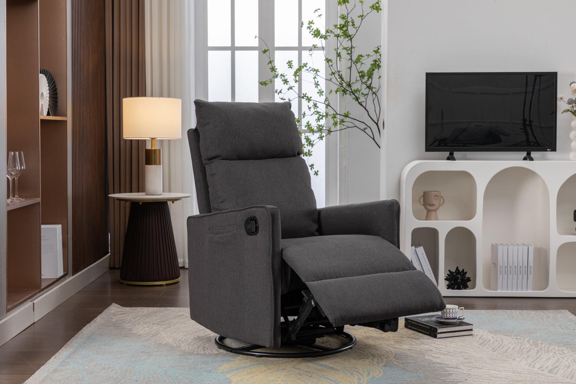 038 Cotton Linen Fabric Swivel Rocking Chair Glider Rocker Recliner Nursery Chair With Adjustable Back And Footrest For Living Room Indoor,Dark Gray Dark Gray Cotton Manual Handle Metal Primary Living Space Soft Tufted Back Modern Foam Linen
