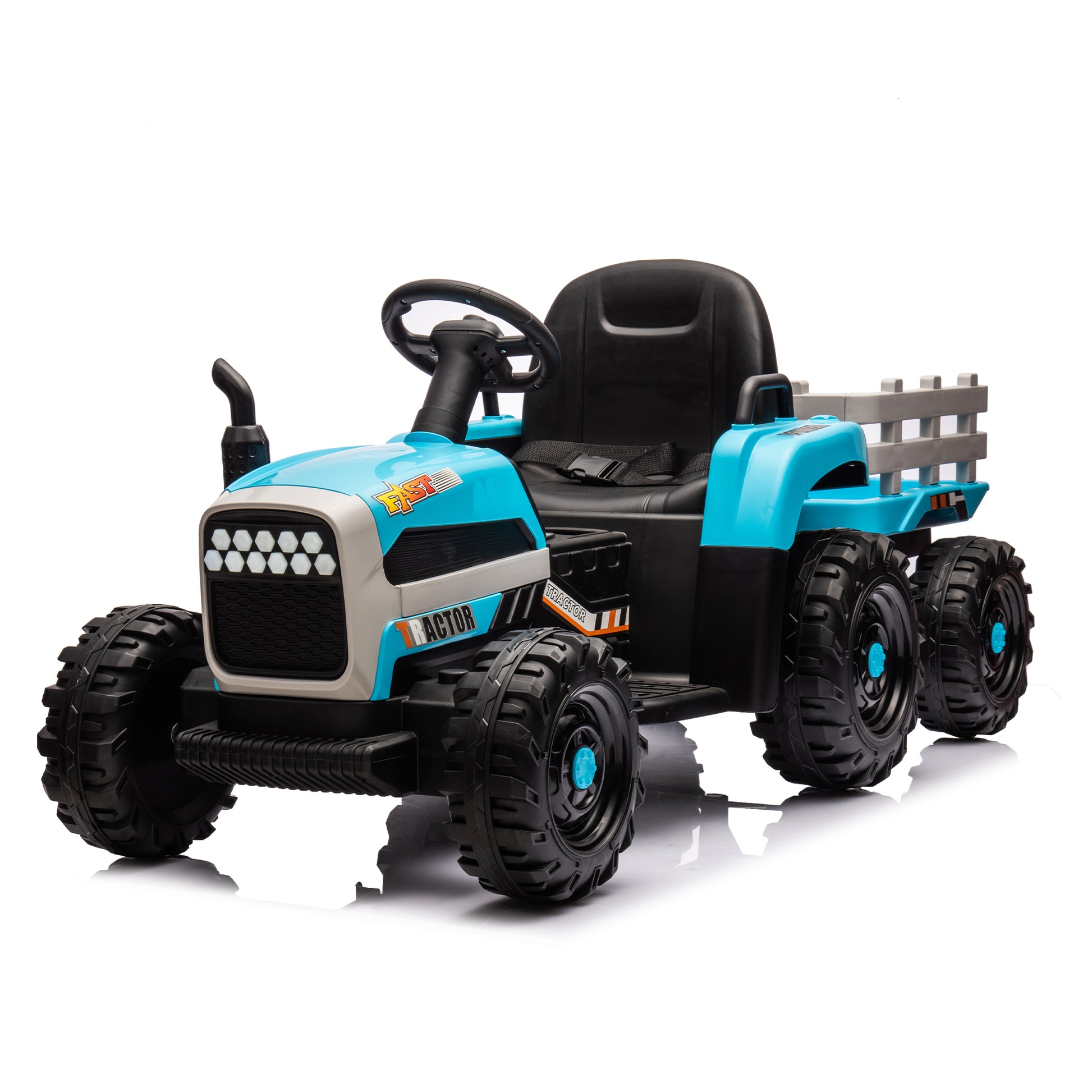 Ride On Tractor2.0 With Trailer,24V Battery Powered Electric Tractor Toy, 200W*2Motor 1.86 4.97Mph Remote Control,Electric Car For Kids,Three Speed Adjustable,Usb,Mp3 ,Bluetooth,Led Light, Safety Belt Blue Plastic