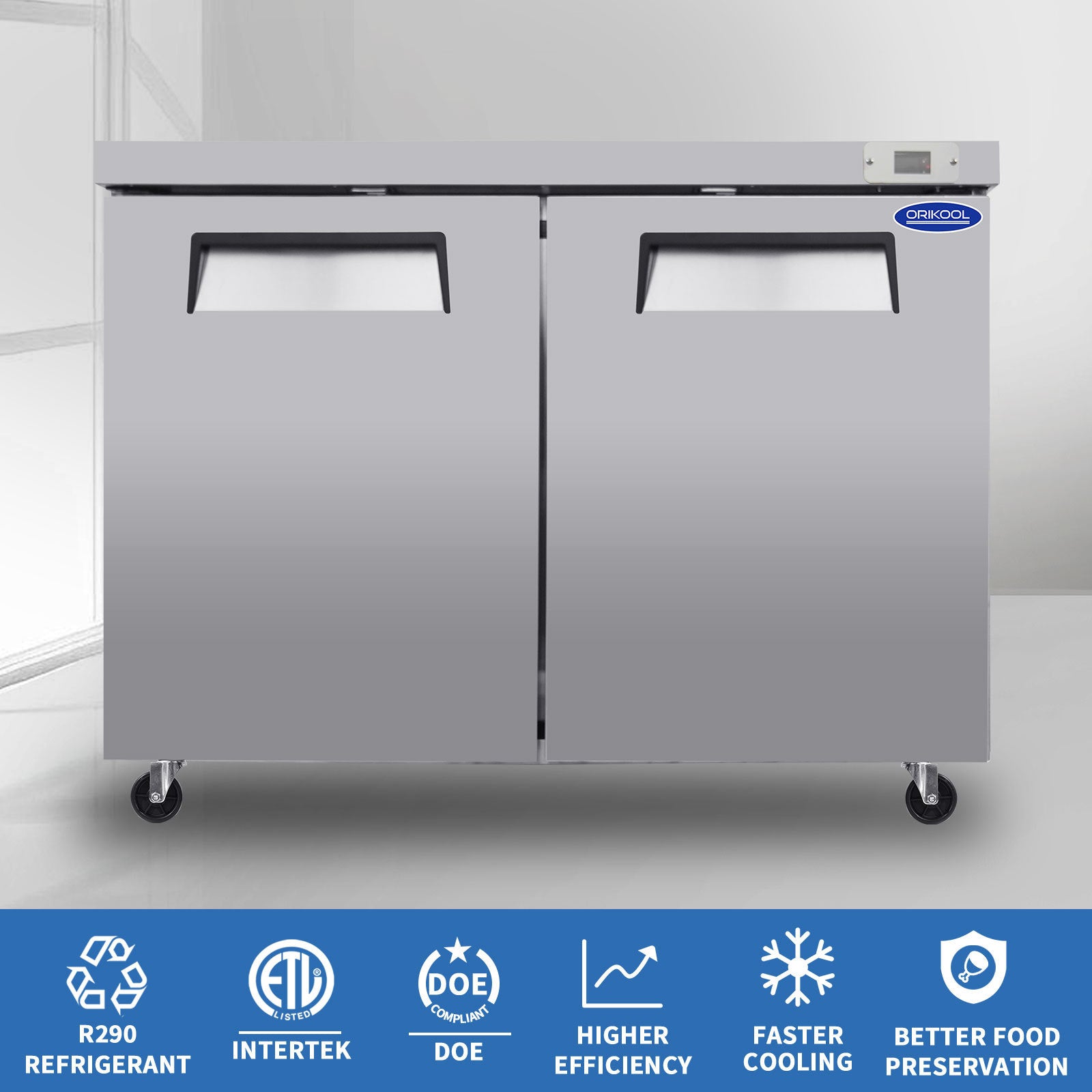 ORIKOOL 48" Commercial Under Counter Freezer 2 Door silver-stainless steel