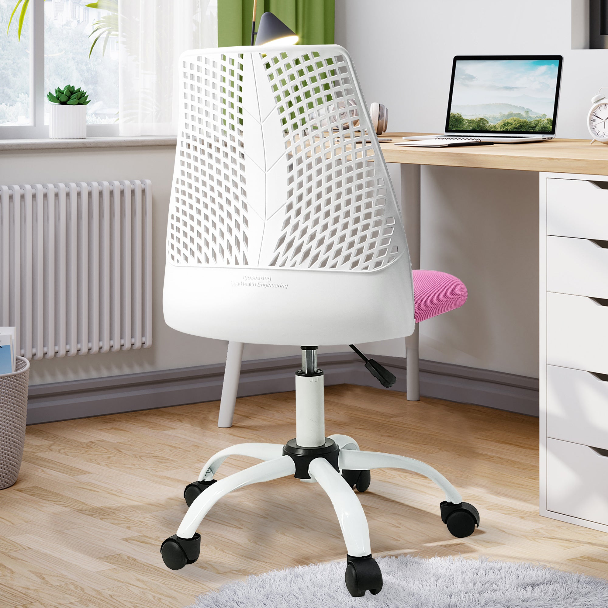 Armless Ergonomic Office and Home Chair with white+pink-fabric