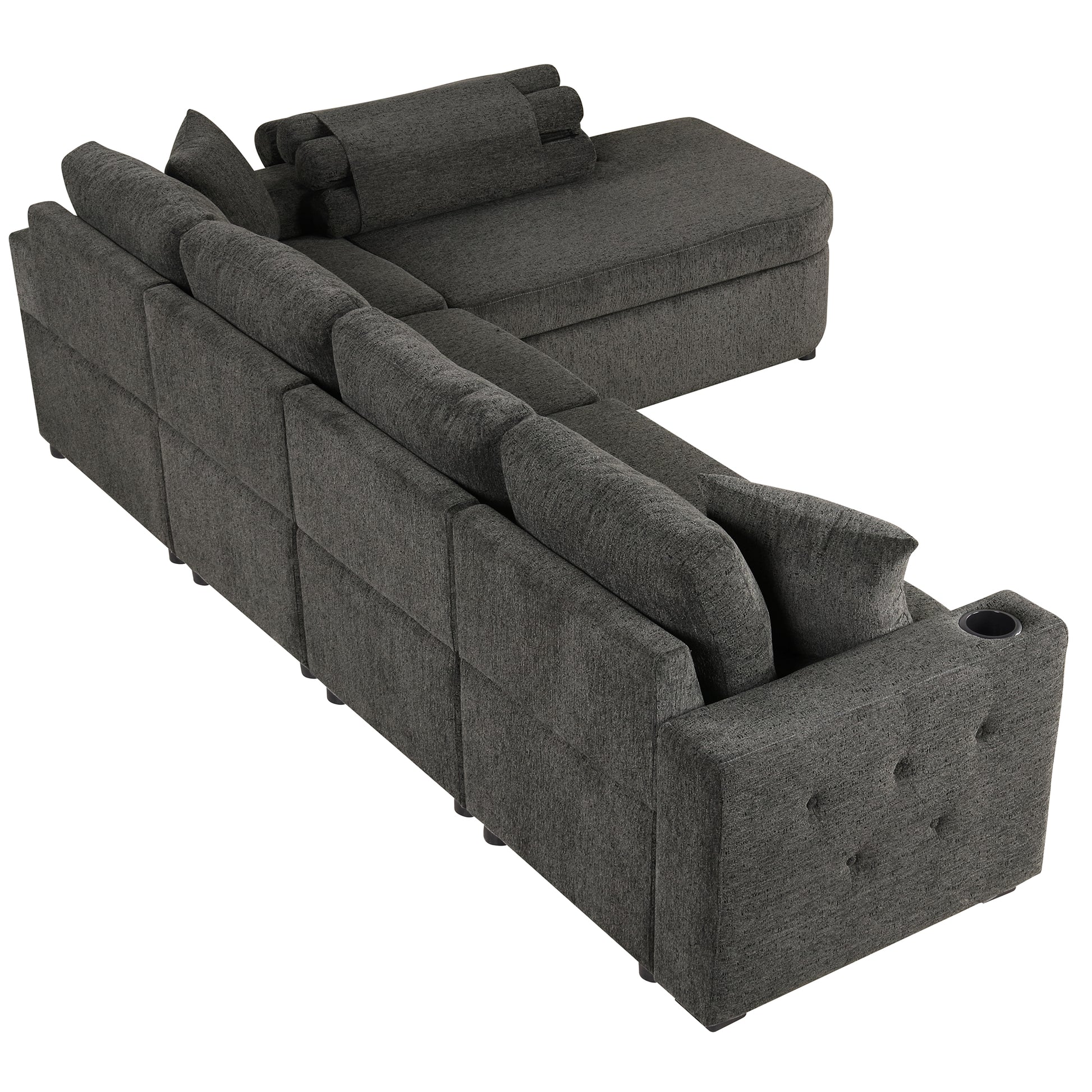 109.8"L Shaped Couch Sectional Sofa With Storage Chaise,Cup Holder And Usb Ports For Living Room, Black Black Foam Chenille 4 Seat