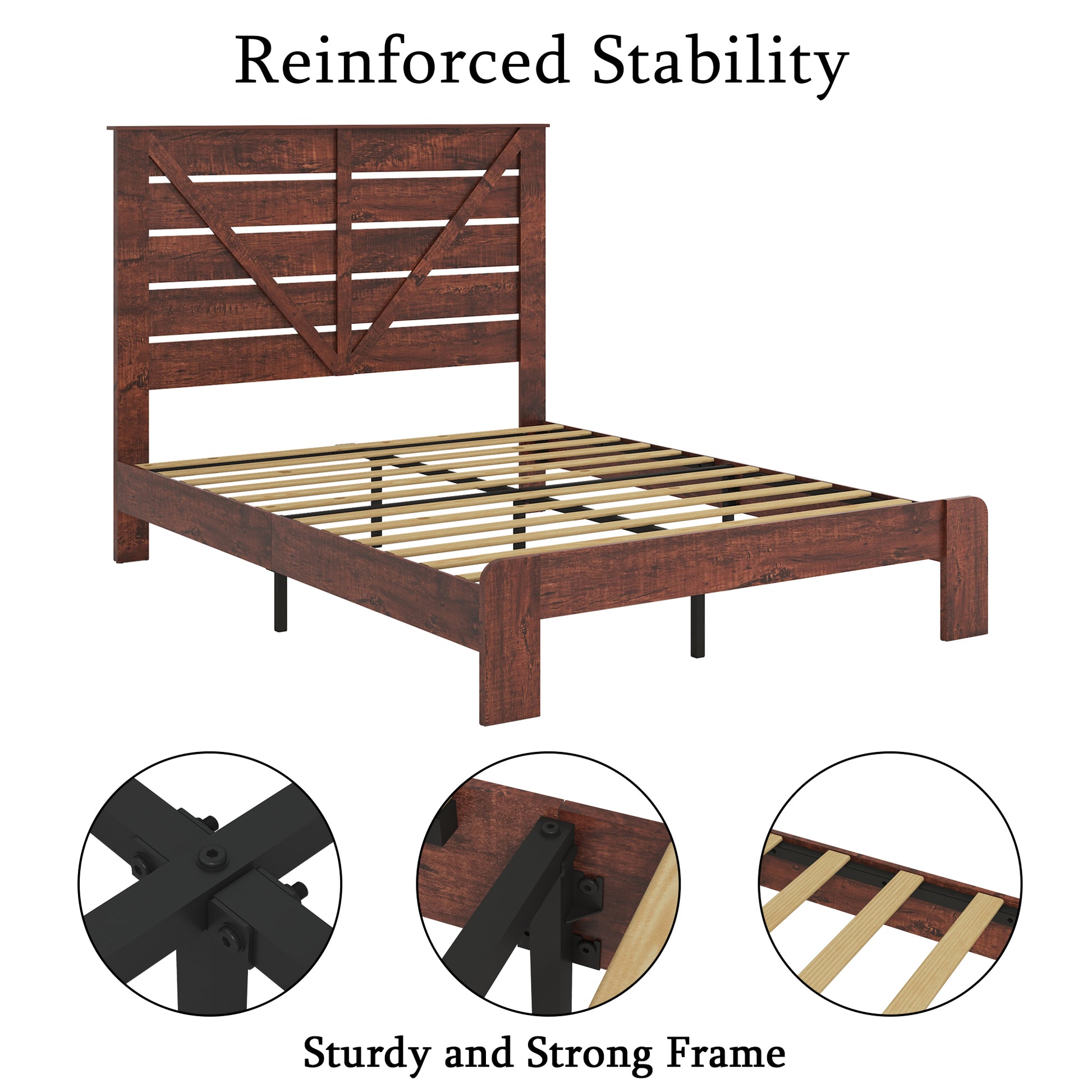 Queen Bed Frame Headboardwood Platform Bed Framenoise Free,No Box Spring Needed And Easy Assembly Tool,Large Under Bed Storage, Vintage Brown Box Spring Not Required Queen Dark Brown Bedroom Bed Frame Metal & Wood