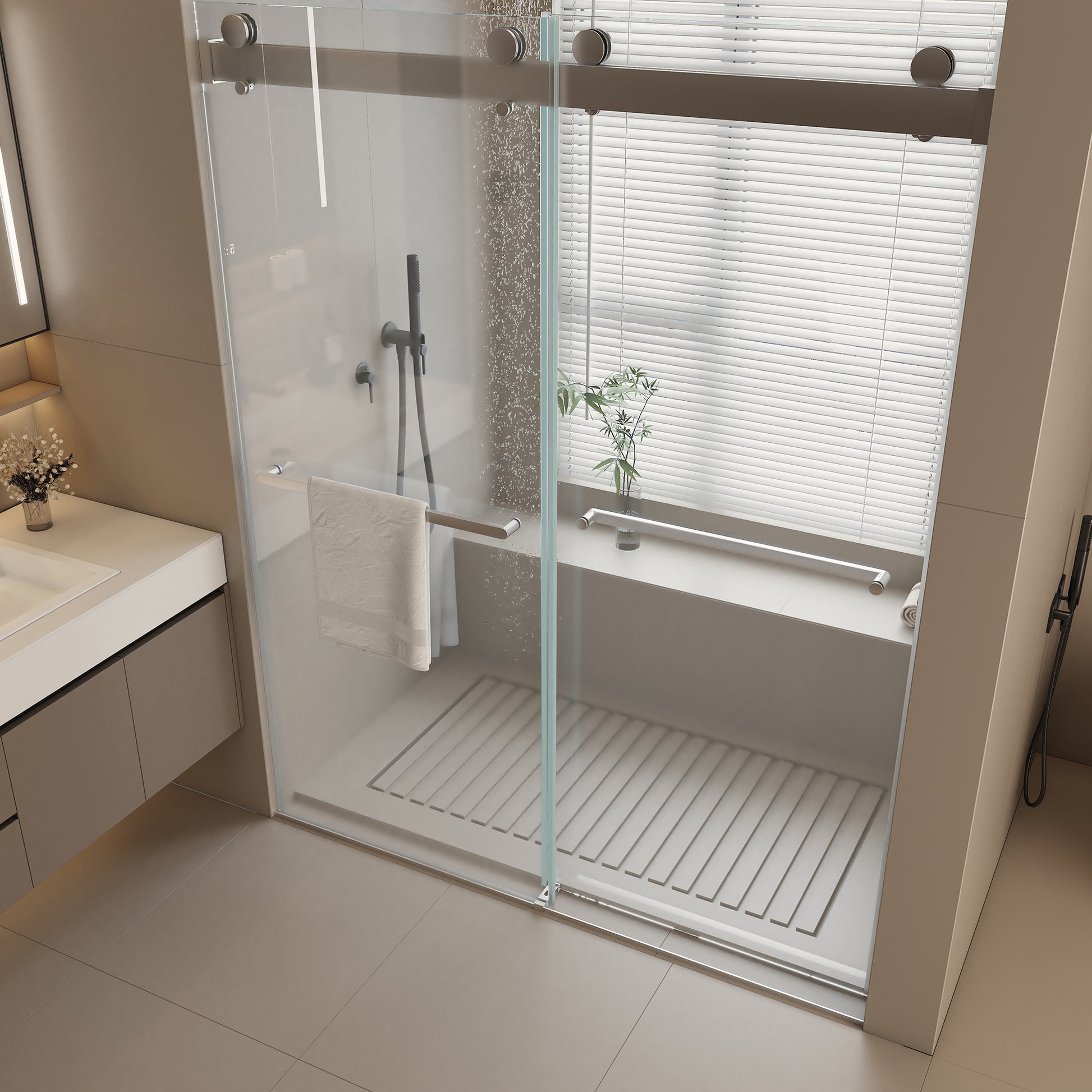 44 To 48 In. W X 76 In. H Double Sliding Frameless Soft Close Shower Door, Premium 3 8 Inch 10Mm Thick Tampered Glass And Easy Cleaning Coating In Chrome 23D02 48C Chrome Stainless Steel Tempered Glass