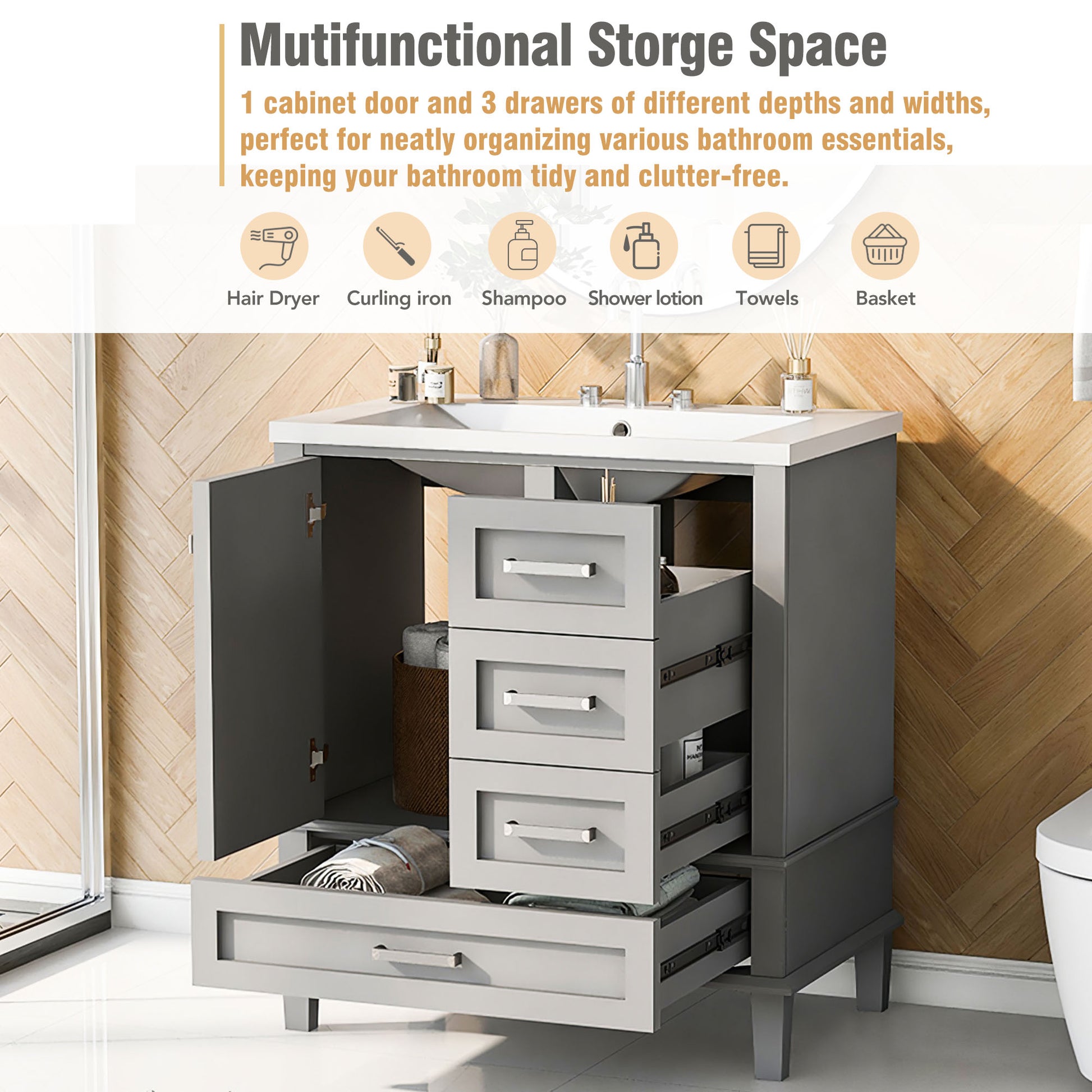 30" Bathroom Vanitymodern Bathroom Cabinet With Sink Combo Set, Bathroom Storage Cabinet With A Soft Closing Door And 3 Drawers, Solid Wood Frame Resin Basin Grey Solid Wood Mdf