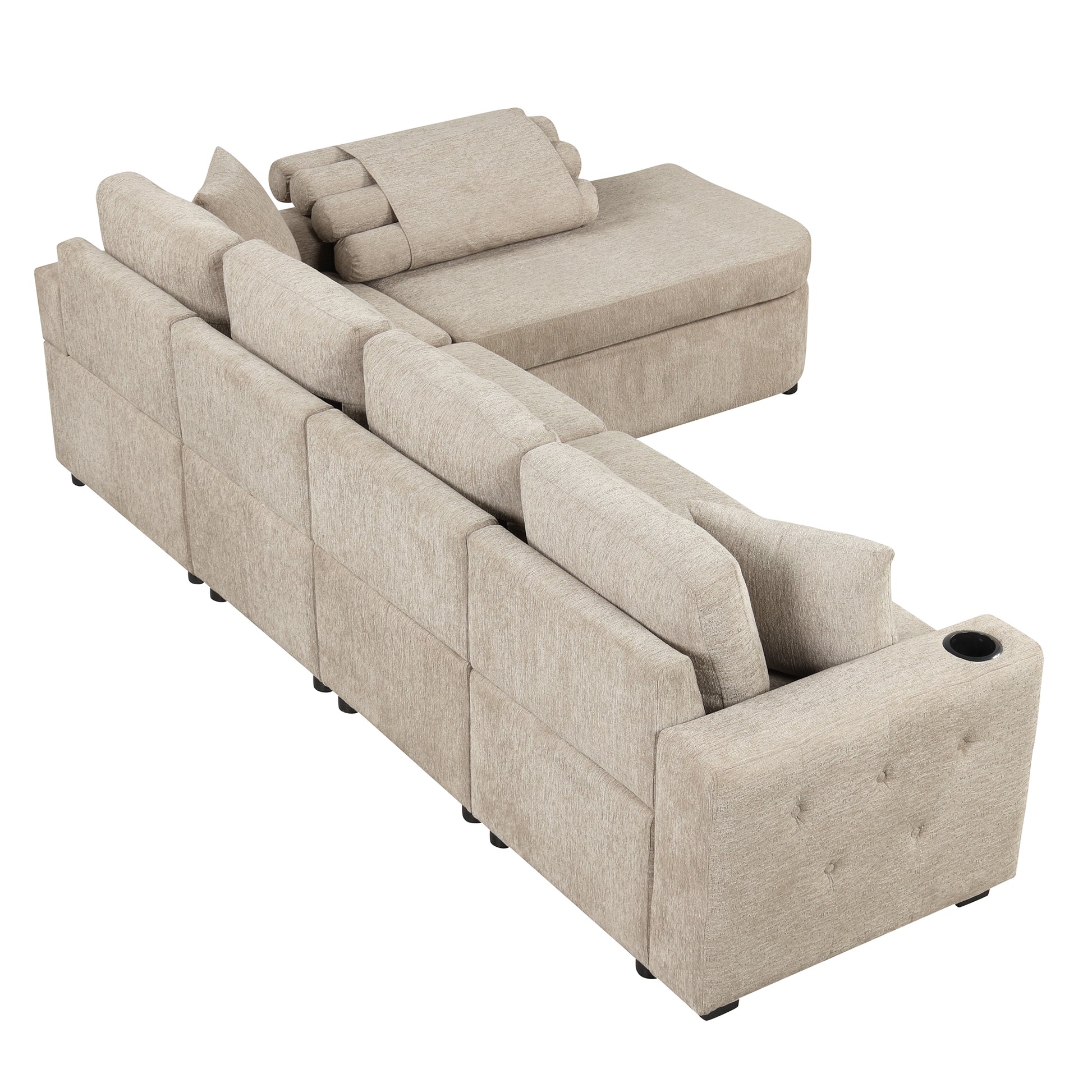 109.8"L Shaped Couch Sectional Sofa With Storage Chaise,Cup Holder And Usb Ports For Living Room, Beige Beige Foam Chenille 4 Seat