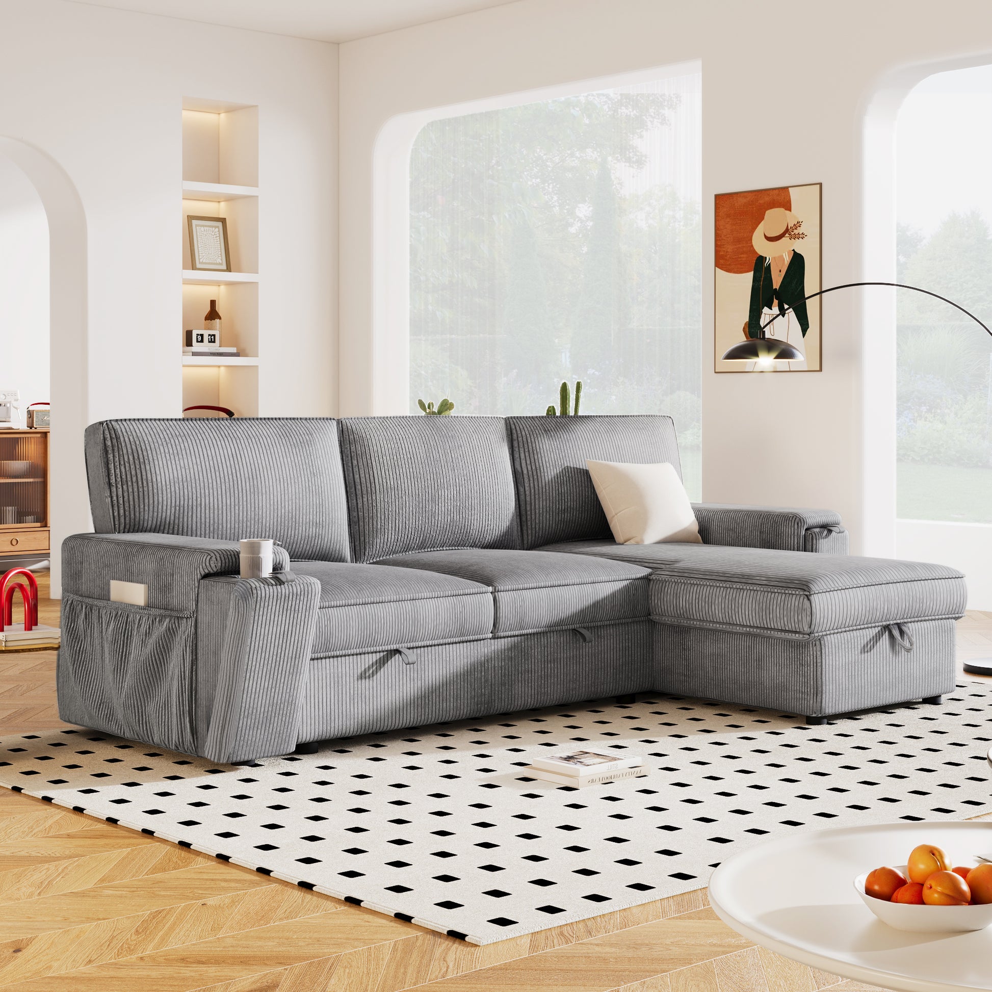 Sleeper Sectional Sofa Convertible Sofa With Cup Holders