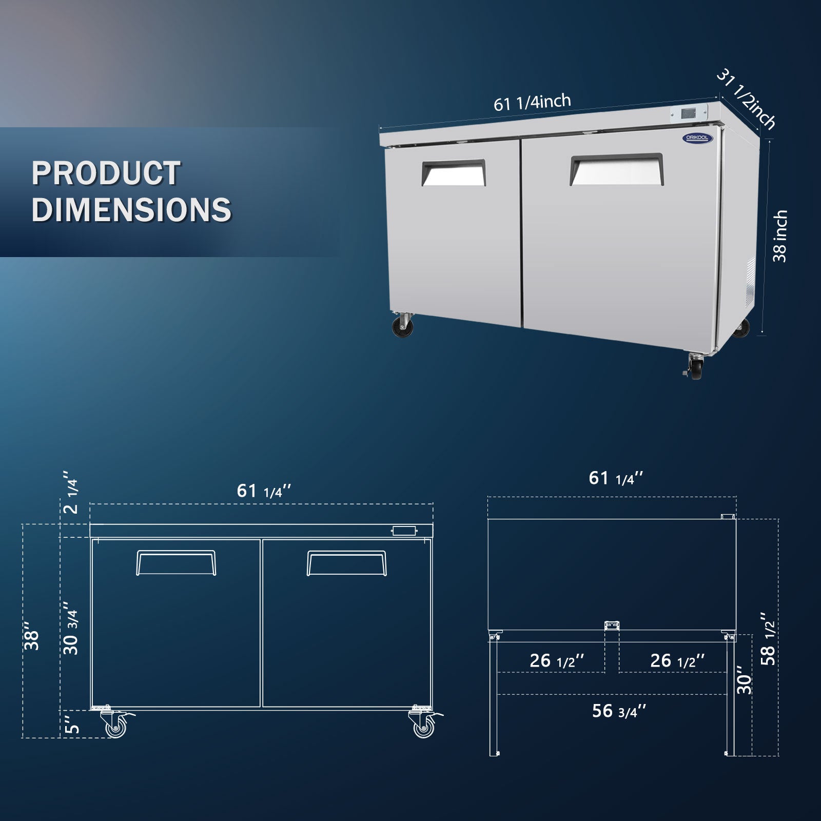 ORIKOOL 60" Commercial Under Counter Freezer 2 Door silver-stainless steel
