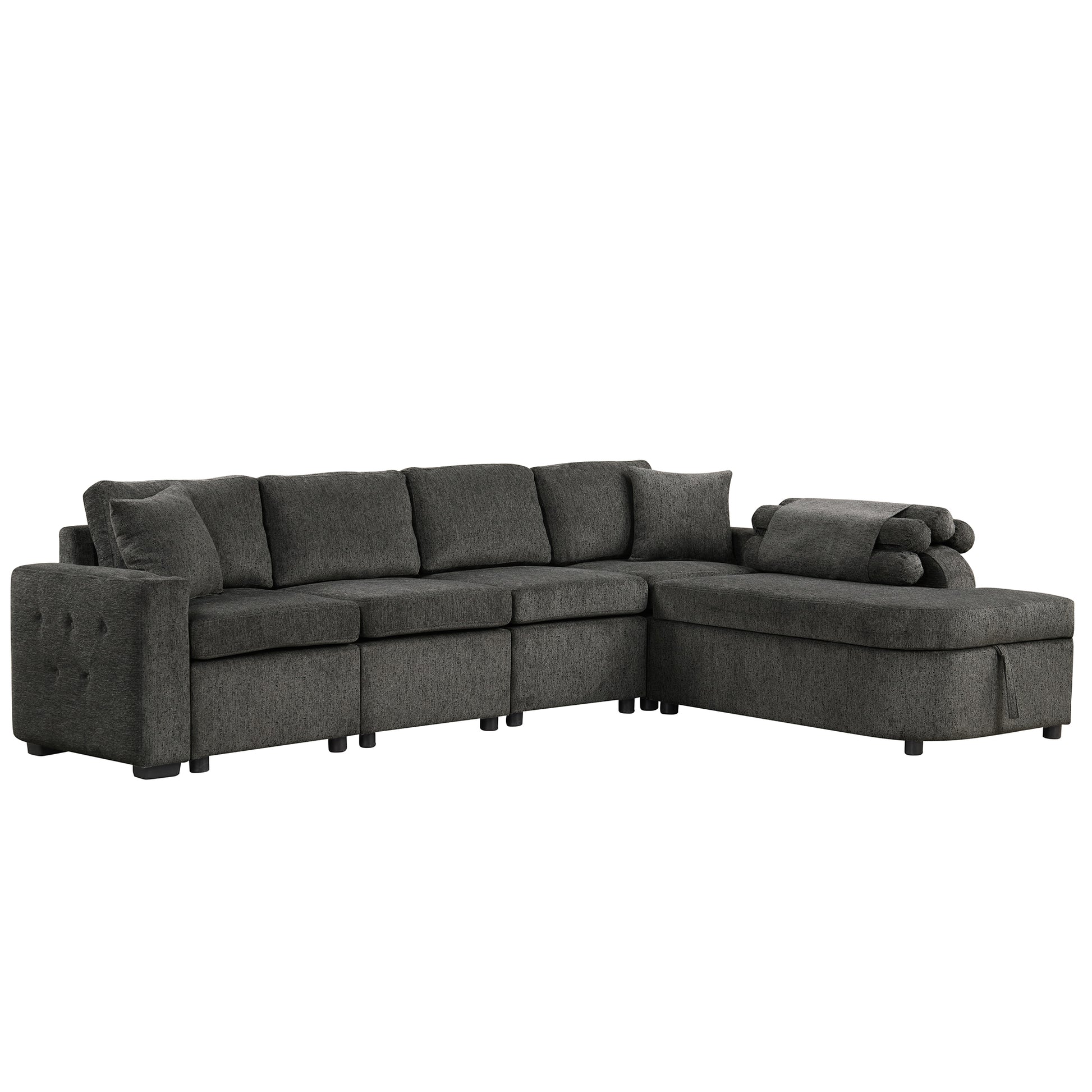 109.8"L Shaped Couch Sectional Sofa With Storage Chaise,Cup Holder And Usb Ports For Living Room, Black Black Foam Chenille 4 Seat