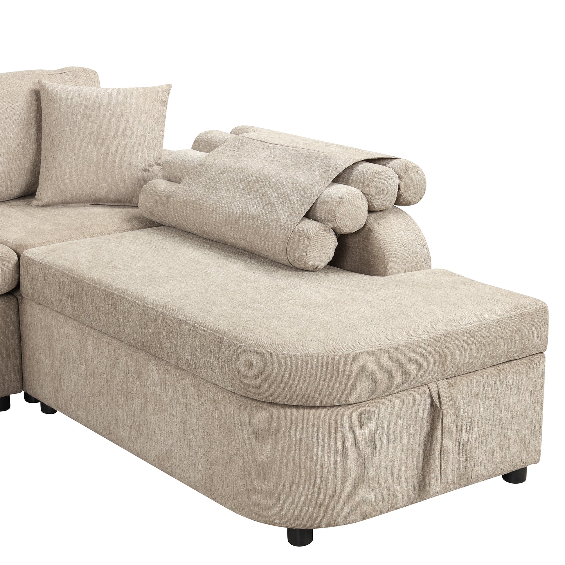 109.8"L Shaped Couch Sectional Sofa With Storage Chaise,Cup Holder And Usb Ports For Living Room, Beige Beige Foam Chenille 4 Seat