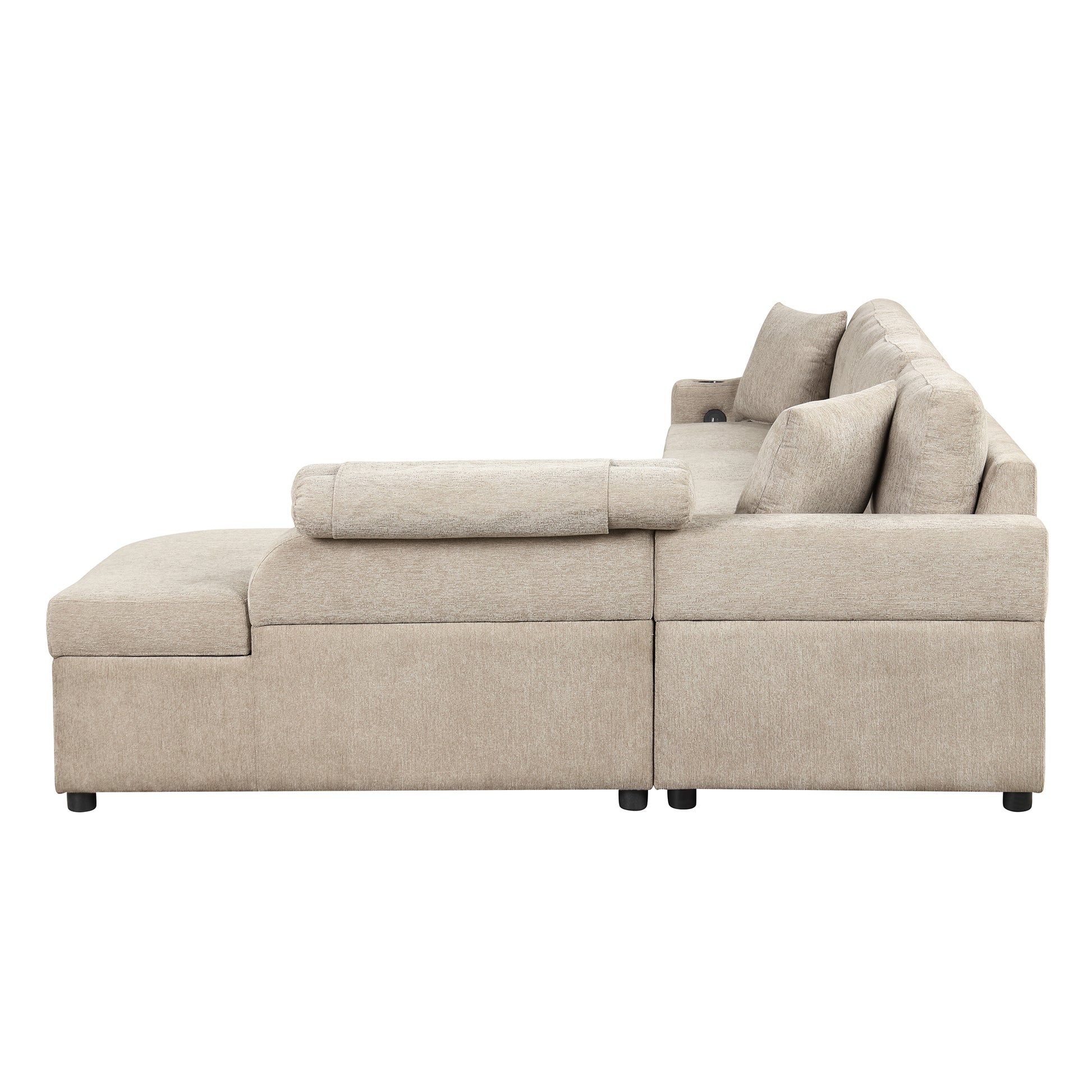 109.8"L Shaped Couch Sectional Sofa With Storage Chaise,Cup Holder And Usb Ports For Living Room, Beige Beige Foam Chenille 4 Seat